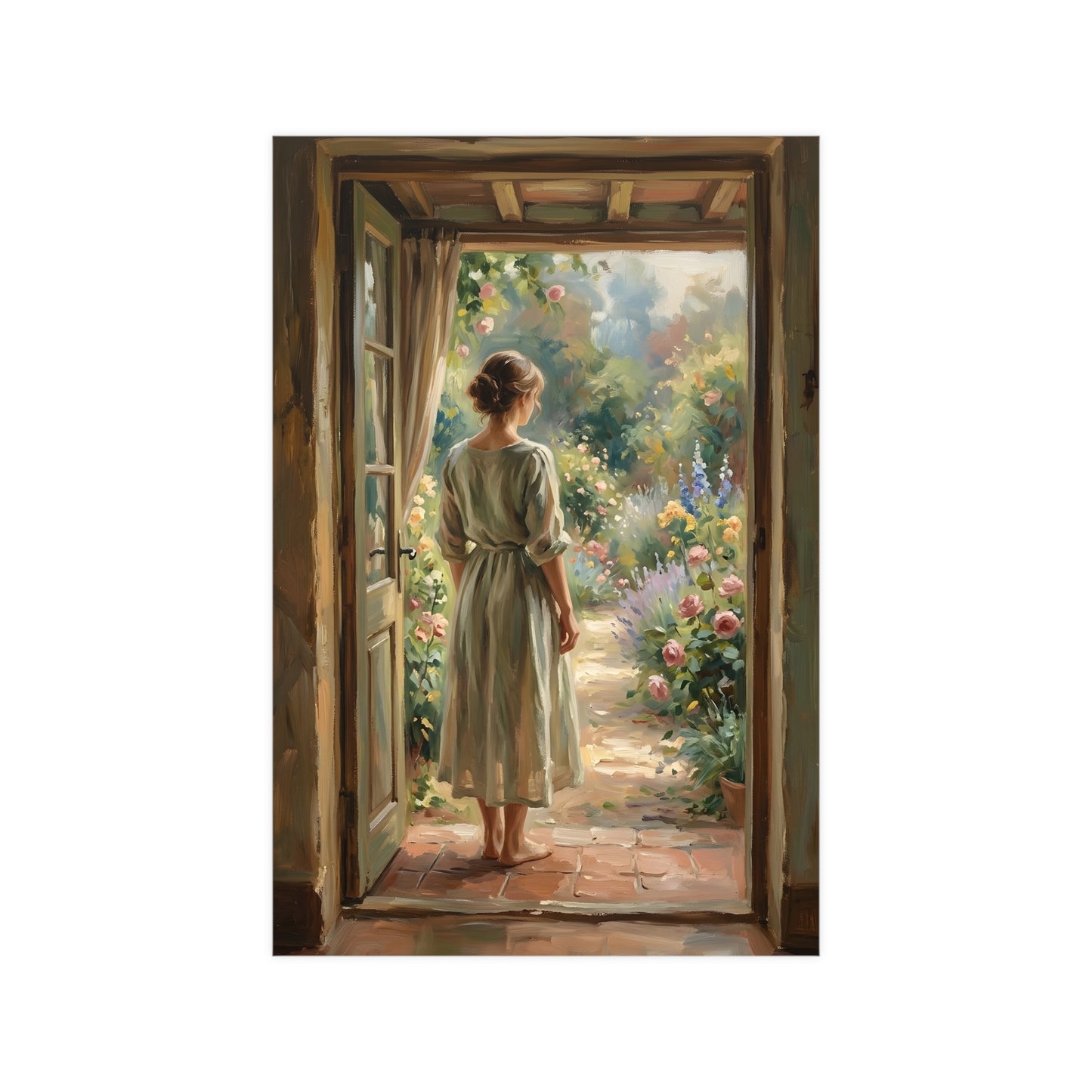 Doorway to the Garden — a woman in a linen dress standing in an open doorway looking out to a summer garden, 12x16 in print
