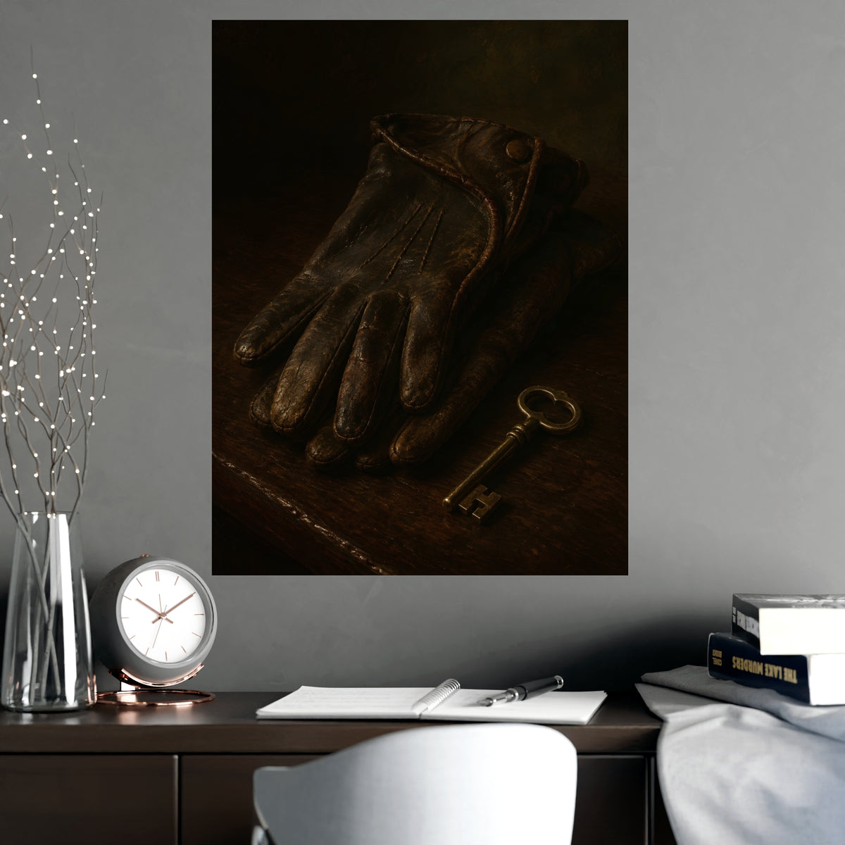 Gloves and a Brass Key — gloves and a brass key, shown framed on a wall