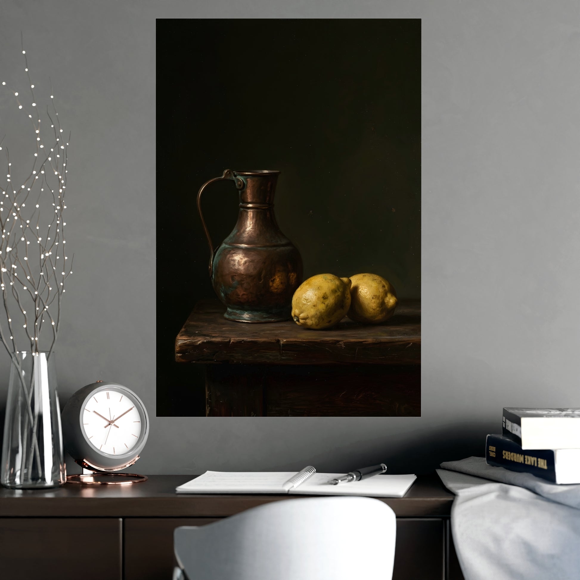 Copper and Lemons framed on a cream wall in a living room, 20x30 in print
