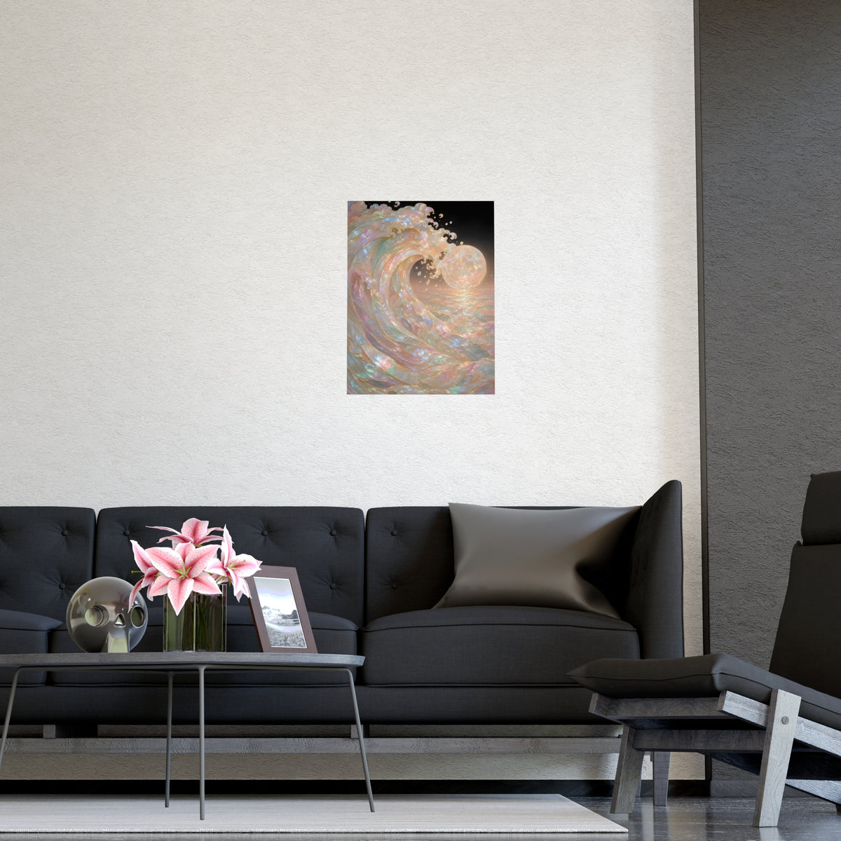Wave and Moon — wave and moon, shown framed on a wall