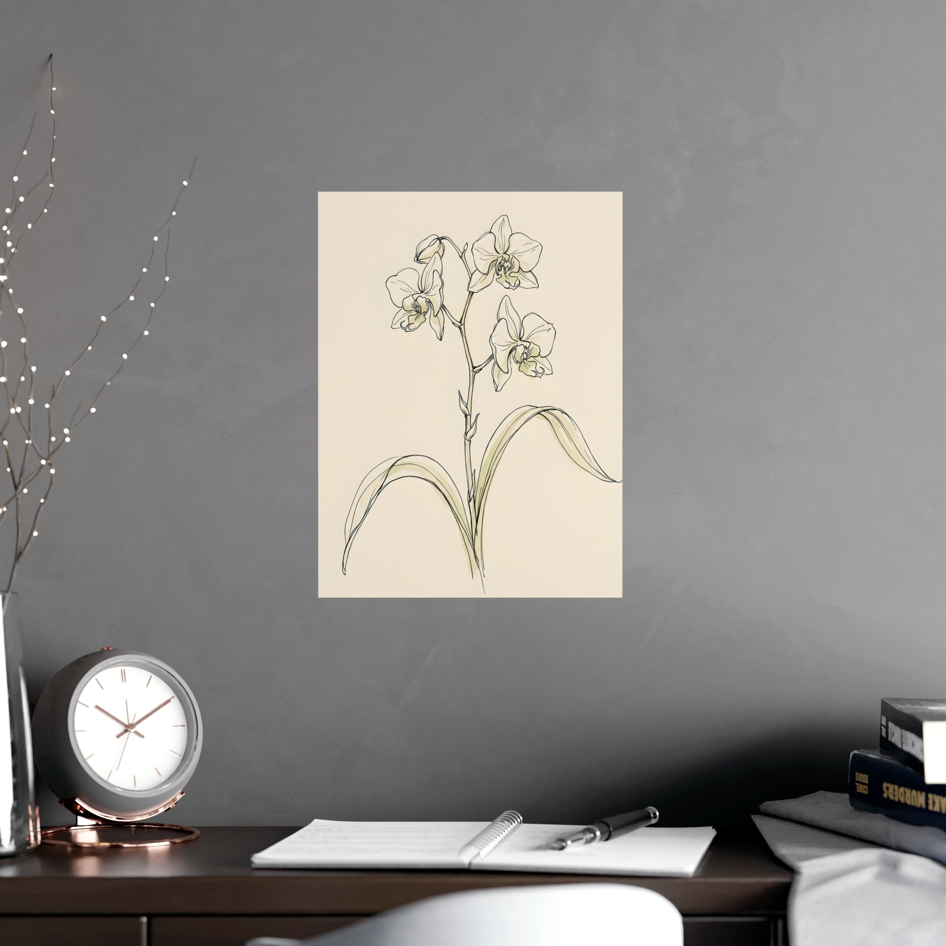 Orchid hung on a grey wall above a dark sofa, 12x18 in print