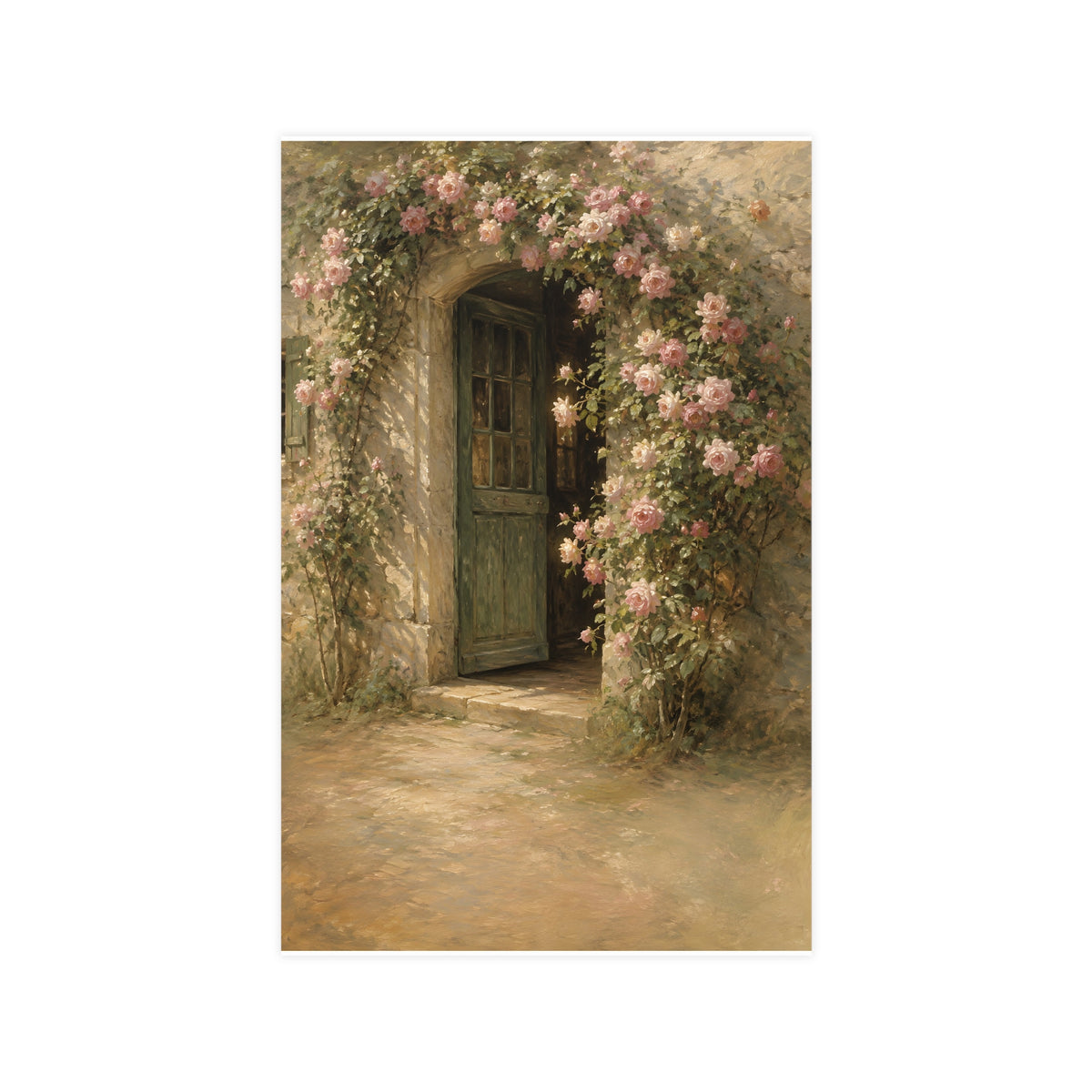 Rose Cottage Door — a stone cottage doorway framed by climbing roses in full bloom, 11x17 in print