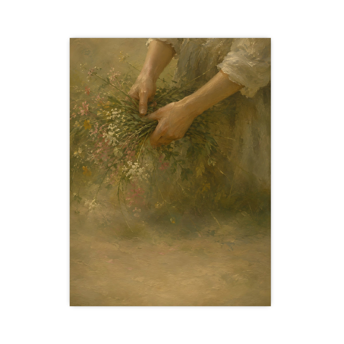 Hands and Wildflowers — a woman's hands gathering wildflower stems into a bundle, cropped at the forearms so no face is in fr