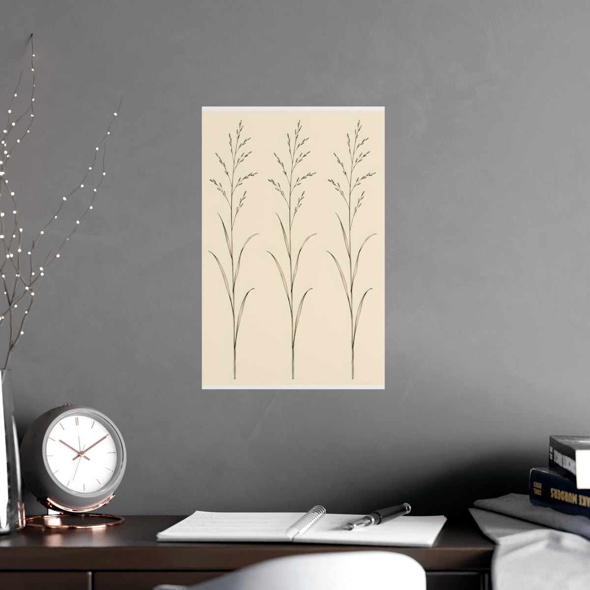 Three Stems — three stems, shown framed on a wall