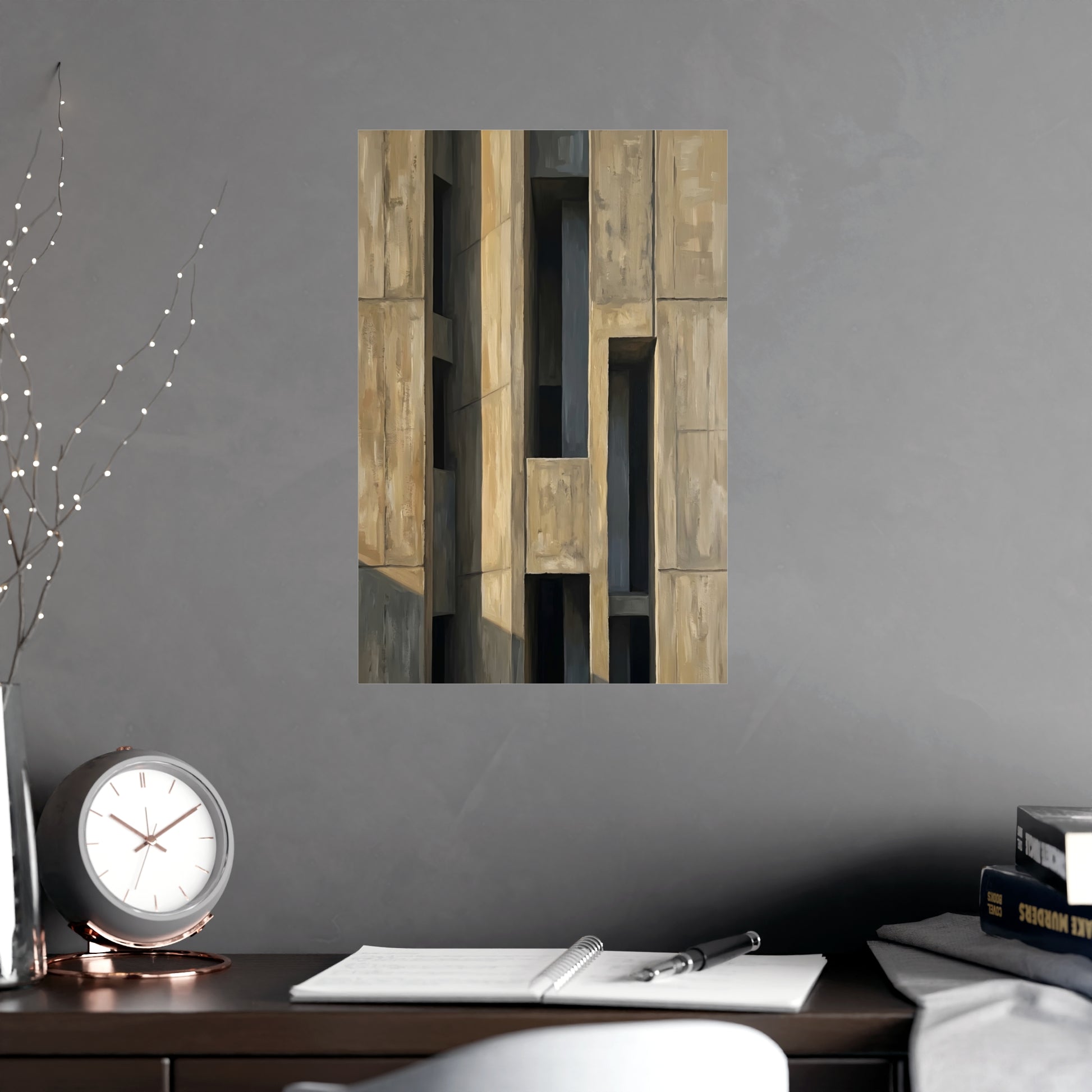Facade at Dusk hung above a sofa with a side table and lilies, 12x18 in print