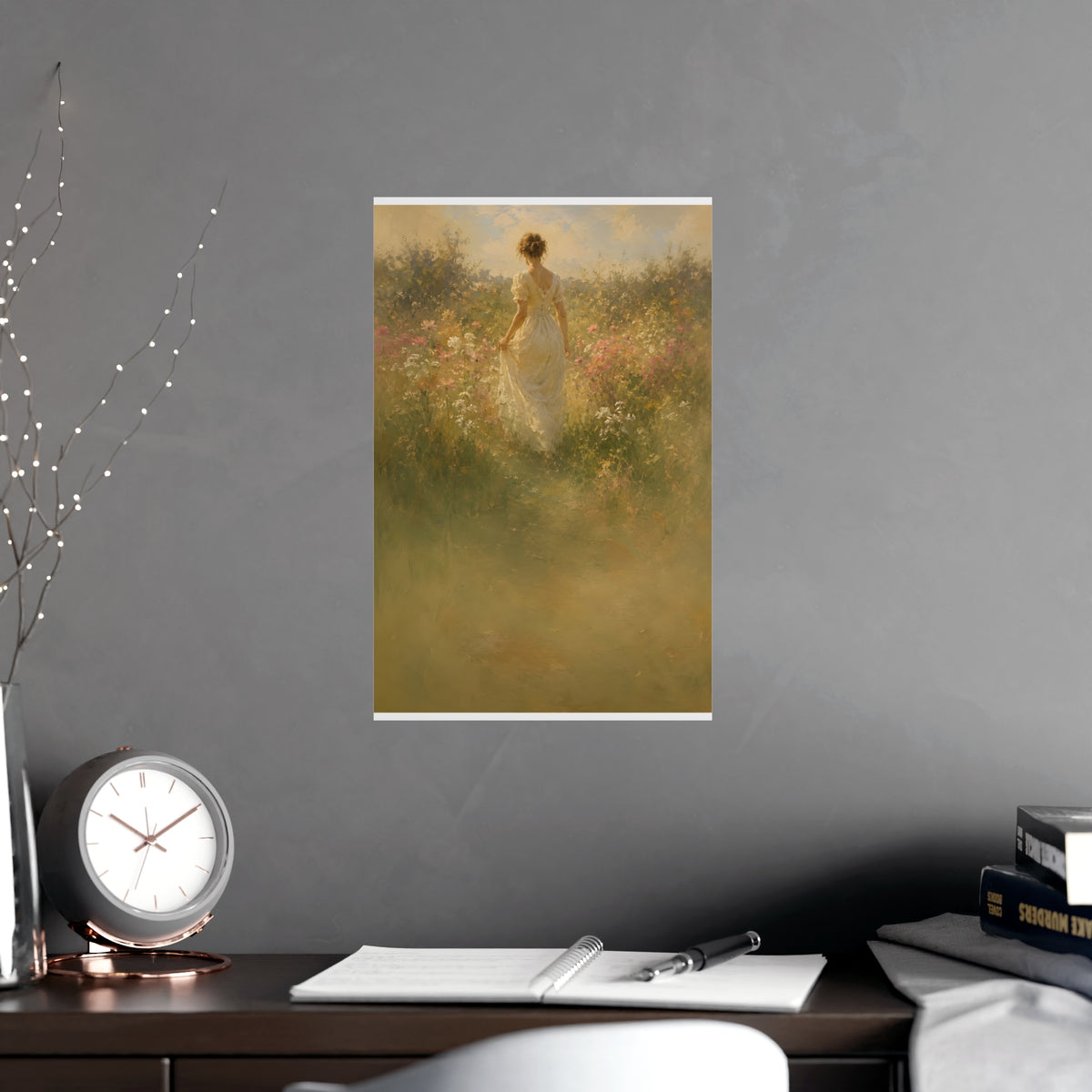 Meadow Walk — a woman walking through a summer meadow of wildflowers, shown framed on a wall
