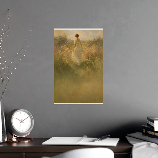 Meadow Walk — a woman walking through a summer meadow of wildflowers, shown framed on a wall