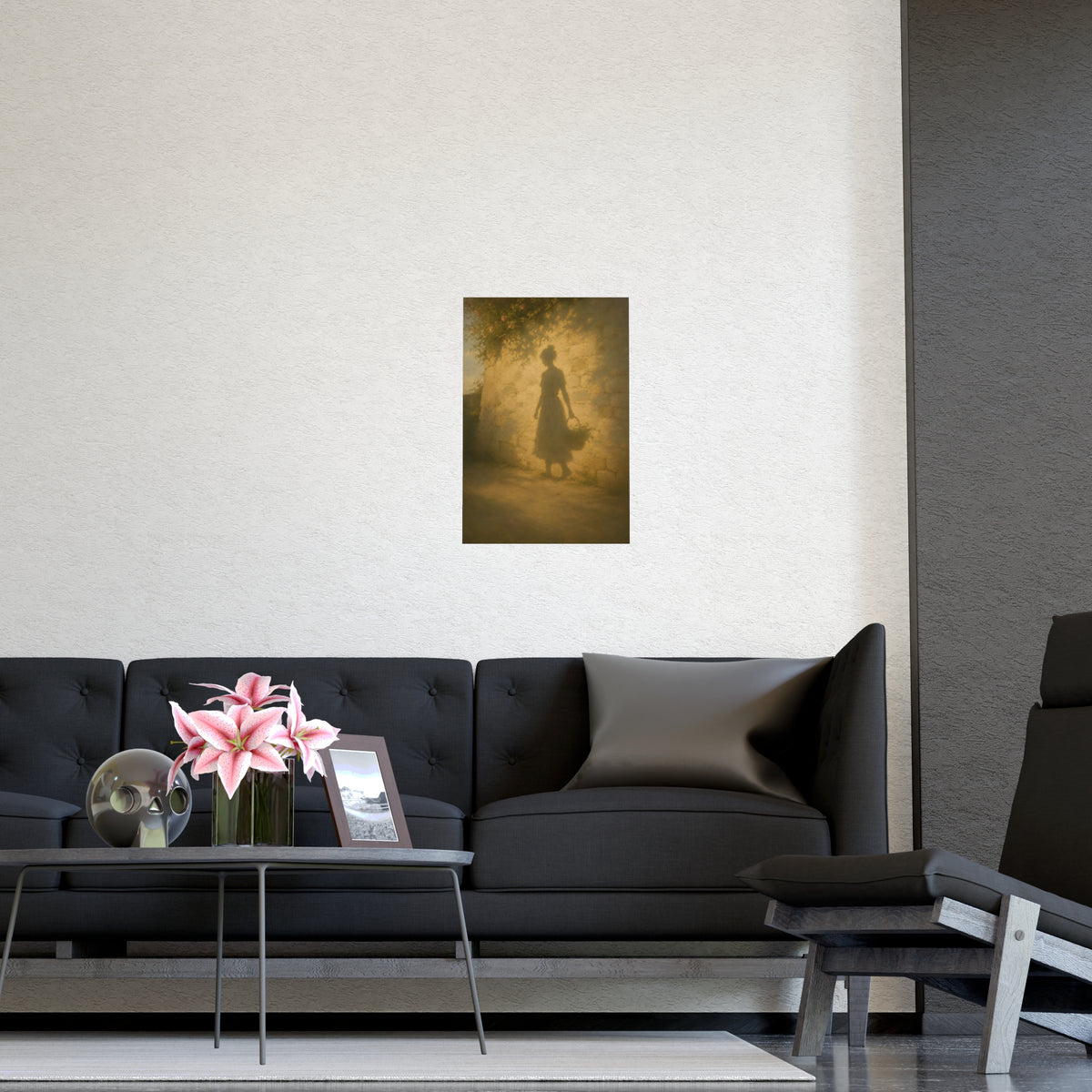 Her Shadow on the Wall — the long shadow of a woman carrying a basket, cast across a sunlit stone wall, shown framed on a wal