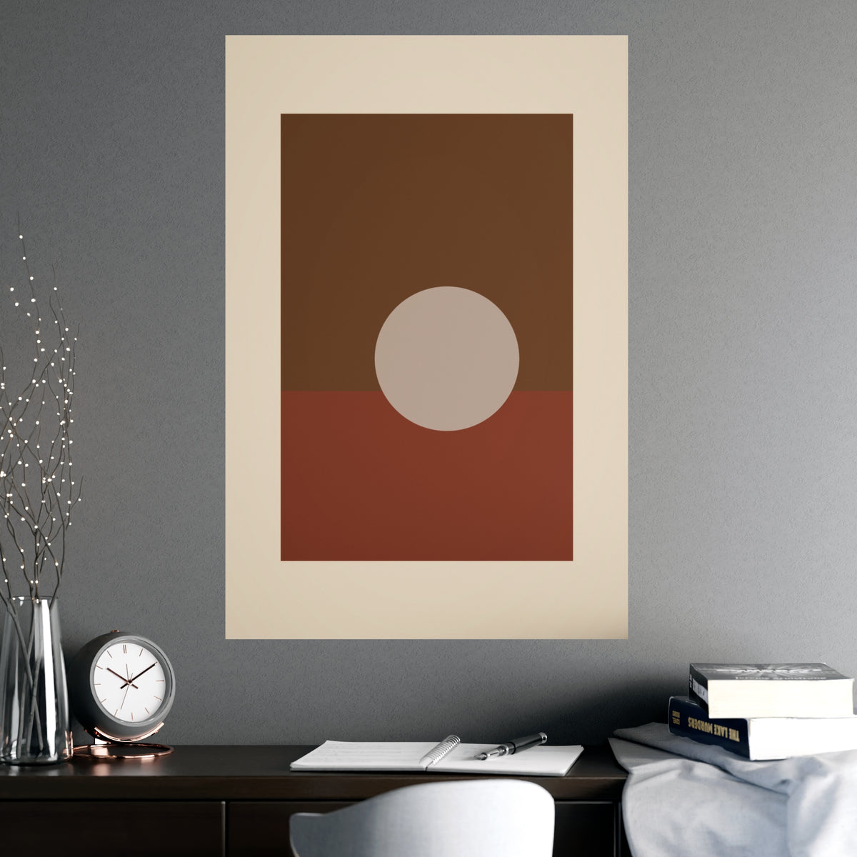 Muted 70s Sun Landscape Wall Art — sun landscape in a muted 70s palette, shown framed on a wall