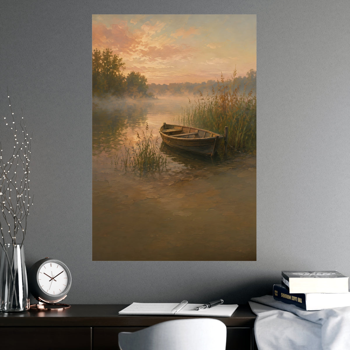 Rowboat at Dawn — a wooden rowboat moored among reeds as mist rises off the water, shown framed on a wall