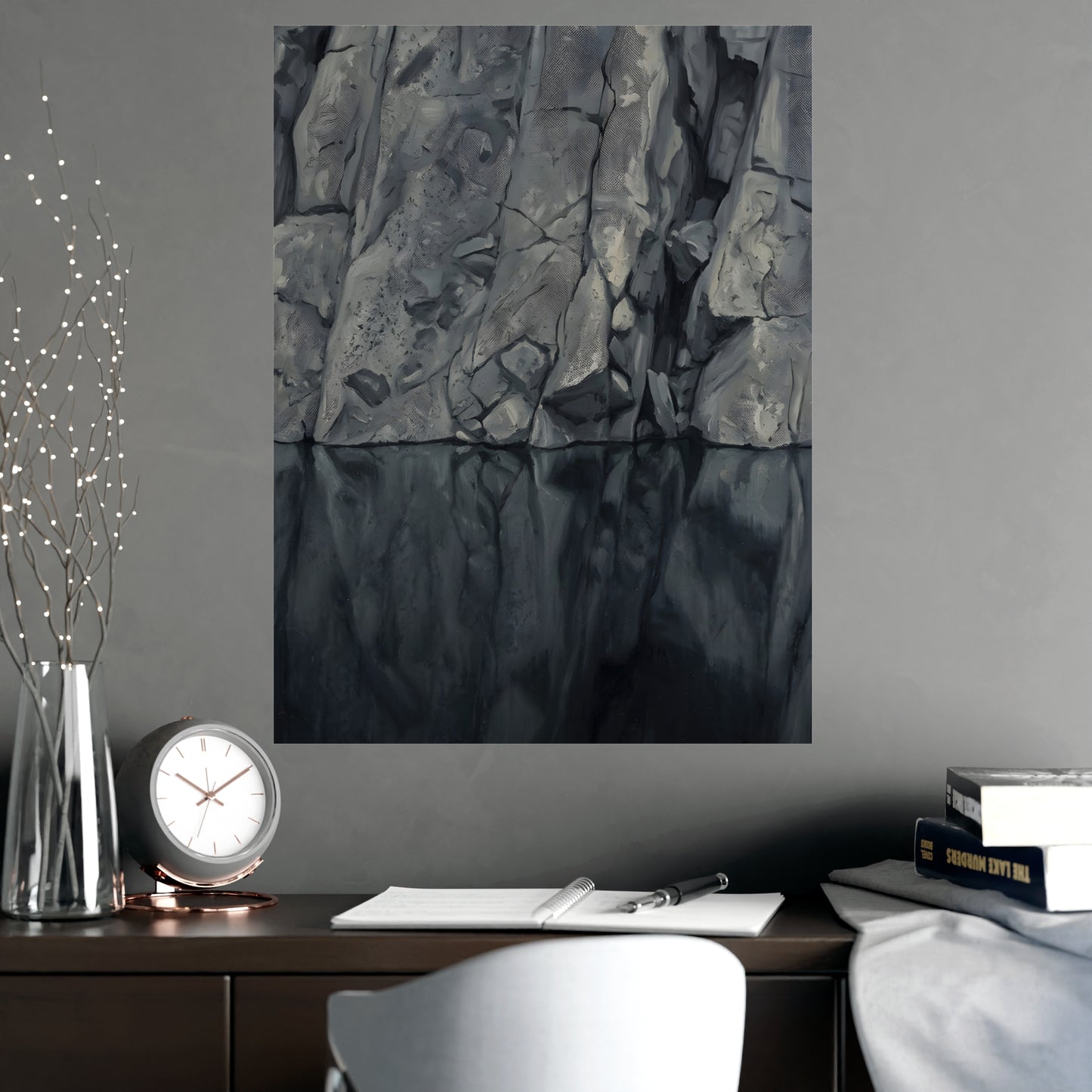 Still Water hung above a sofa with a side table and lilies, 18x24 in print