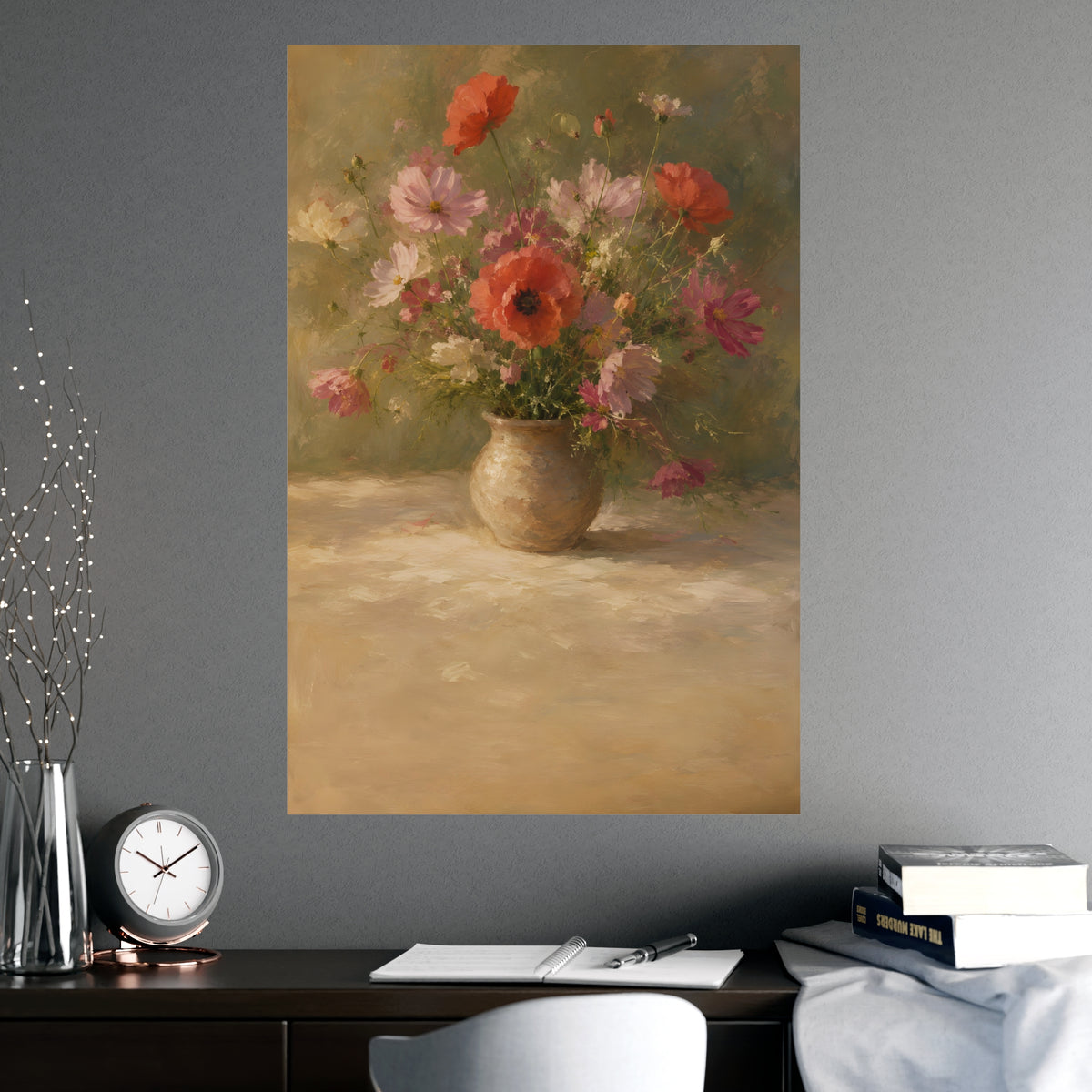 Poppy and Cosmos Bouquet — a loose bouquet of poppies and cosmos in an earthenware vase, shown framed on a wall