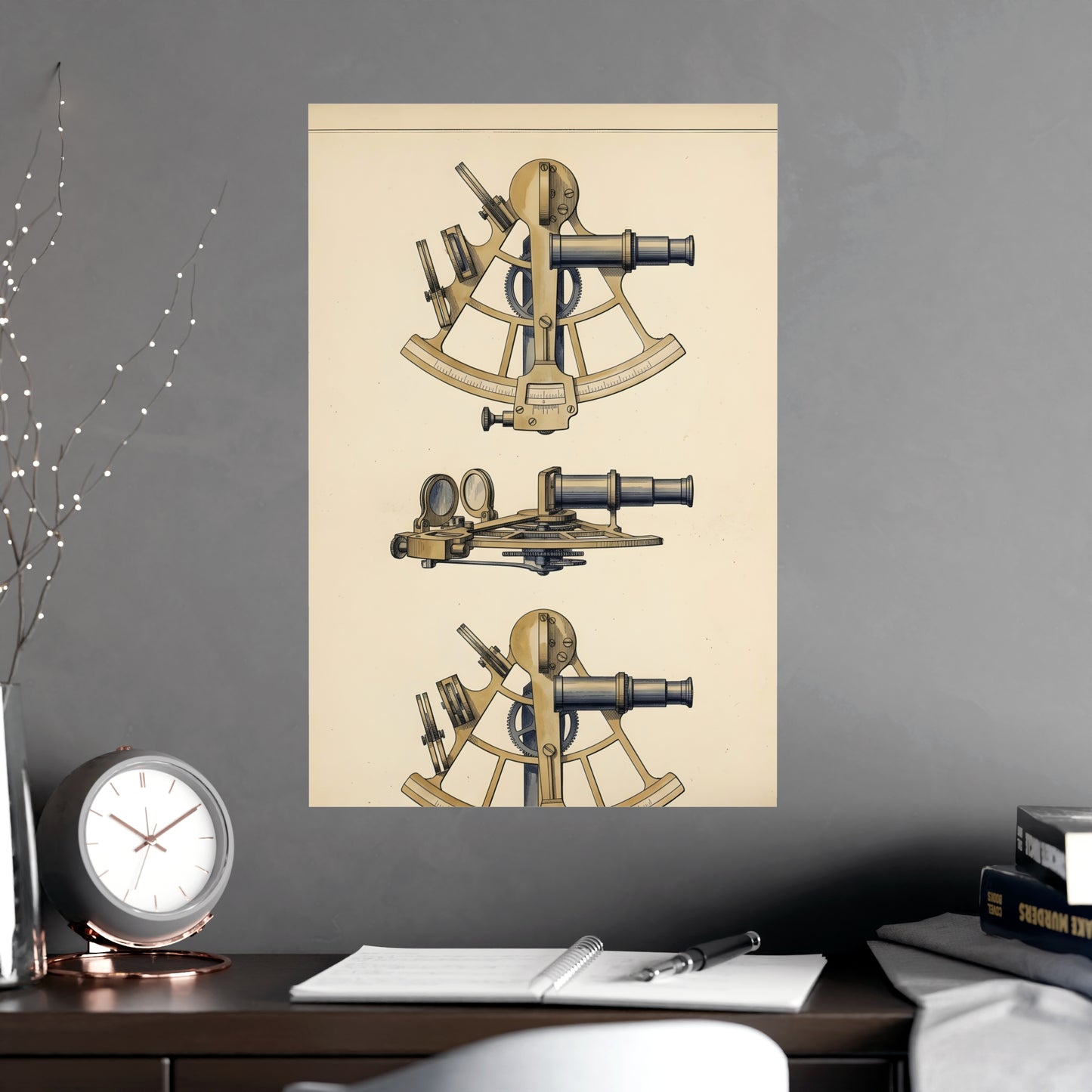 Sextant hung above a sofa with a side table and lilies, 18x24 in print