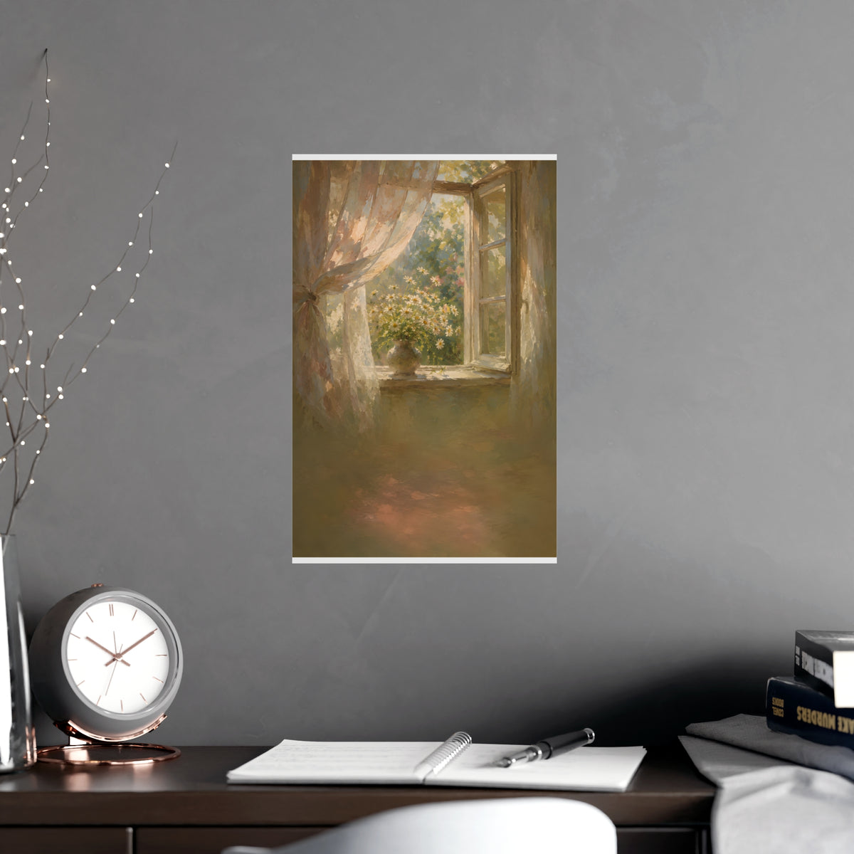 Daisies on the Sill — an open window with sheer curtains lifting in the breeze and a vase of daisies on the sill, shown frame