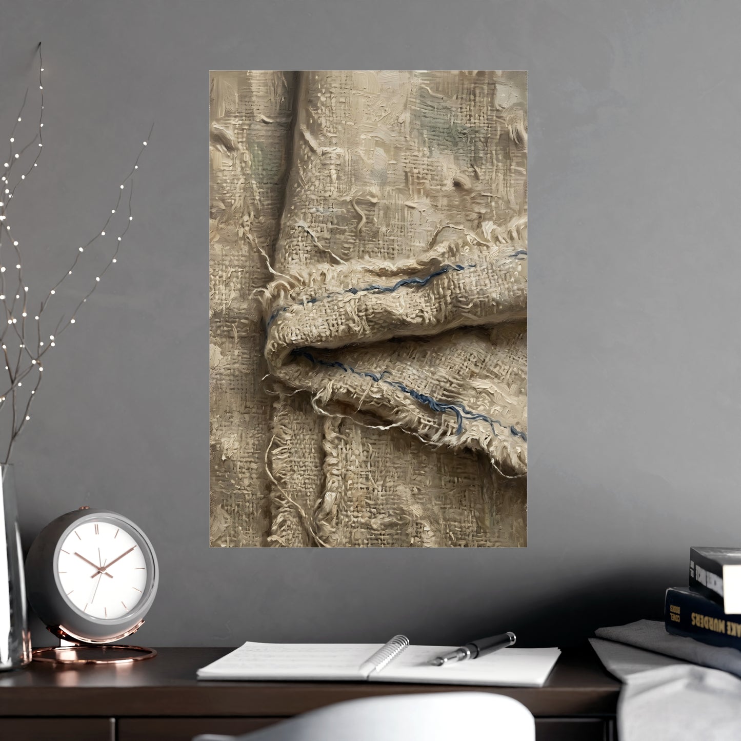 Folded Linen hung above a desk with a clock and notebook, 18x24 in print