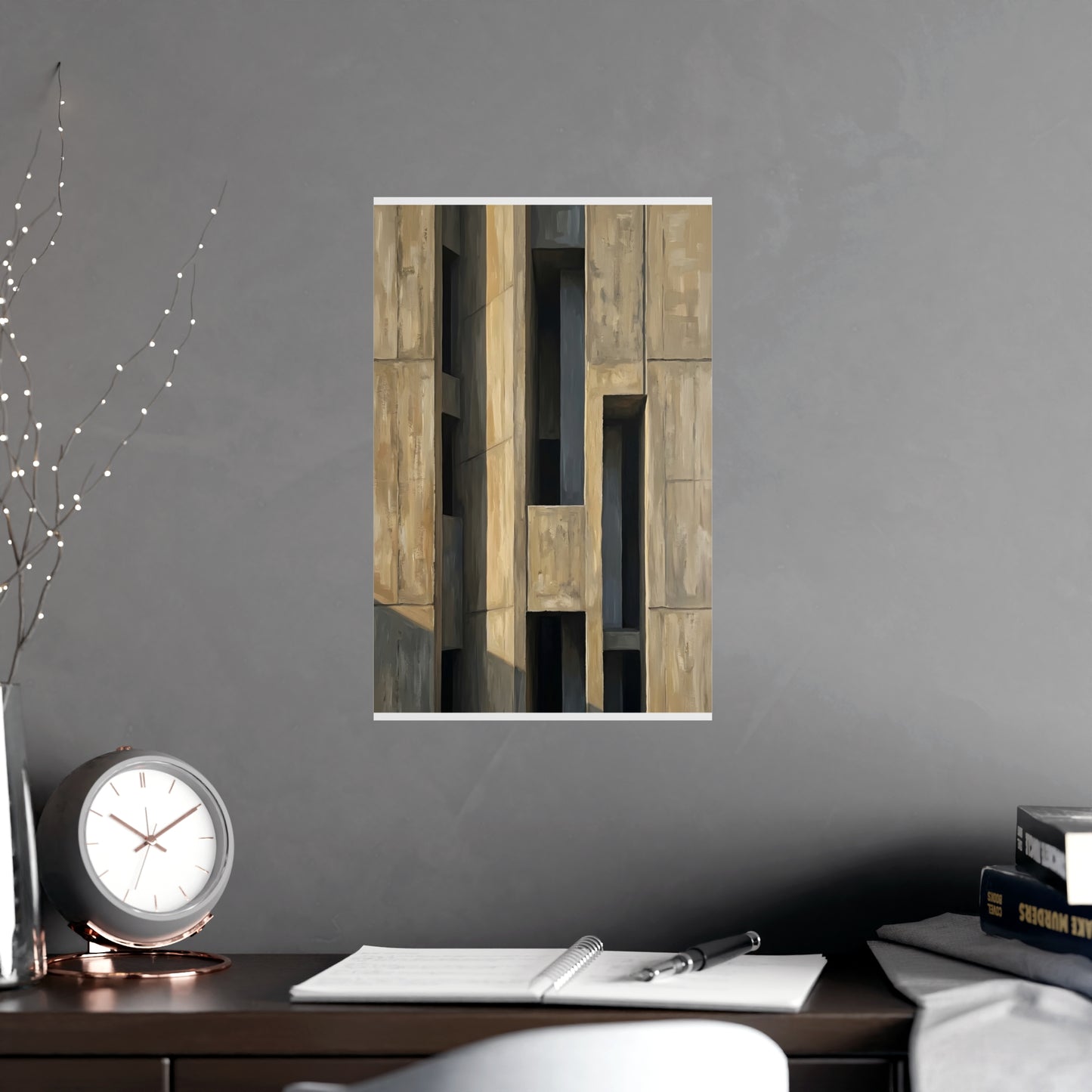 Facade at Dusk hung above a desk with a clock and notebook, 11x17 in print