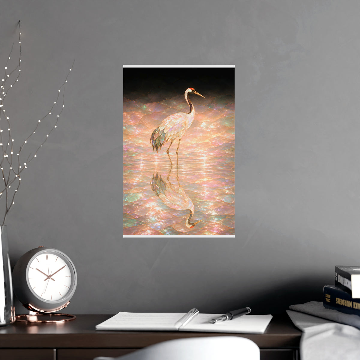 One Crane, Reflected — one crane, reflected, shown framed on a wall