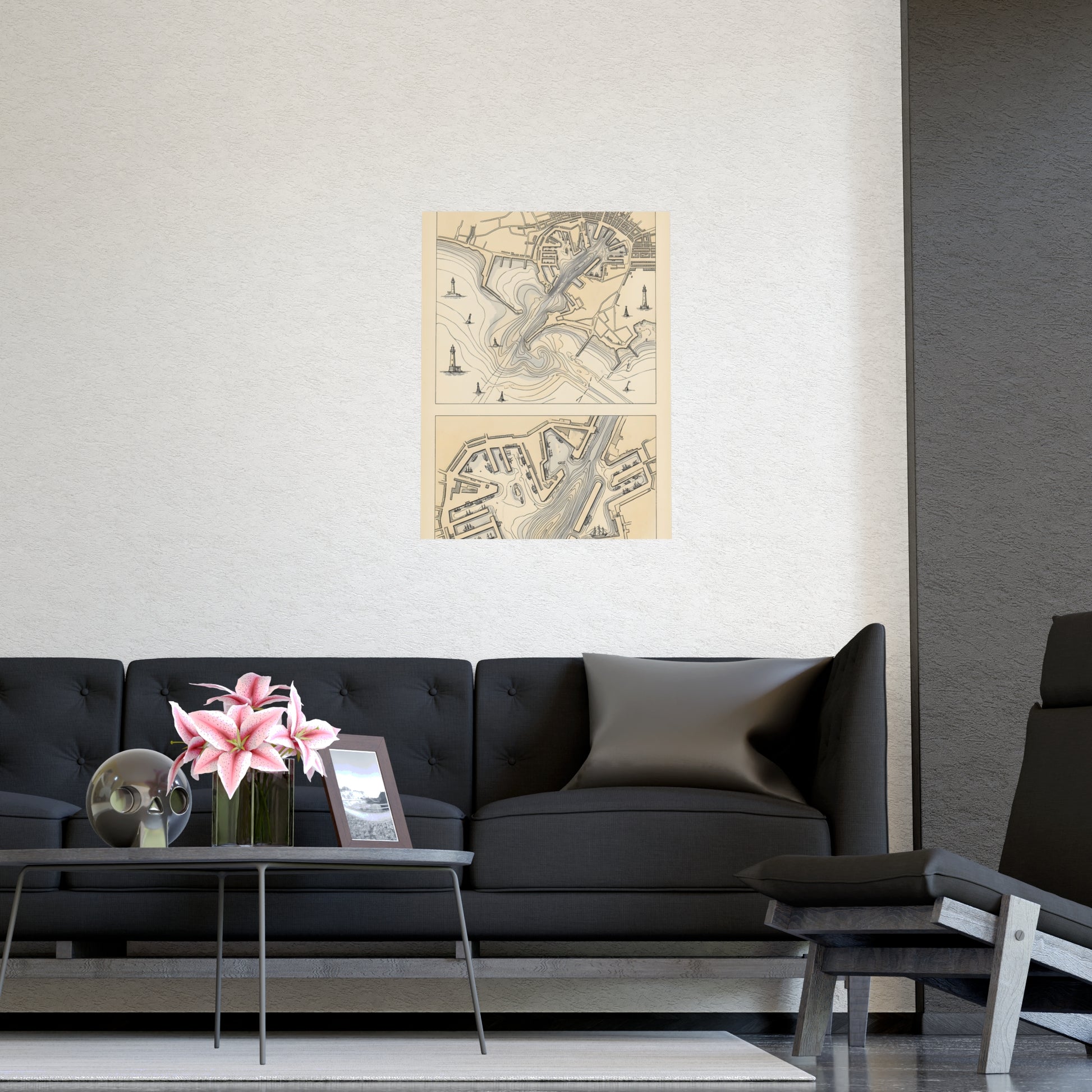 Harbour Soundings framed on a cream wall in a living room, 11x17 in print