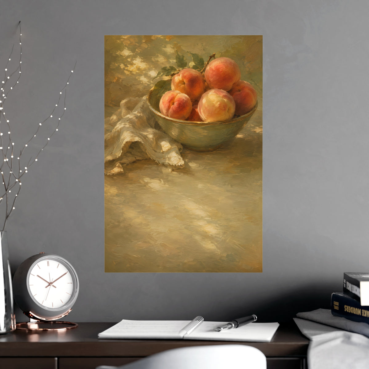 Bowl of Peaches — a bowl of ripe peaches and a folded linen napkin on a sunlit table, shown framed on a wall