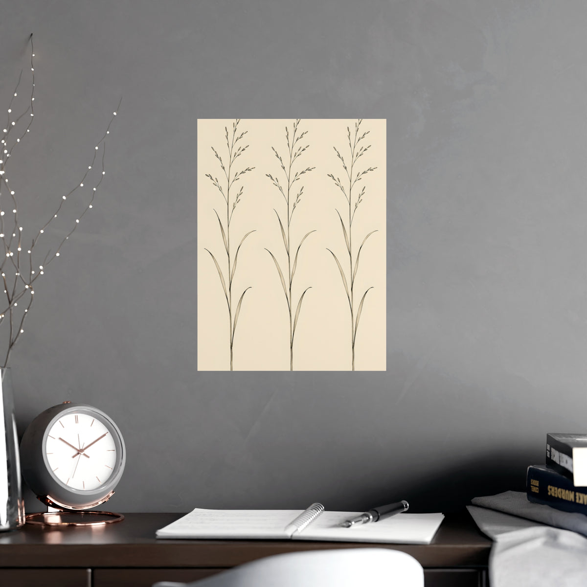 Three Stems — three stems, shown framed on a wall