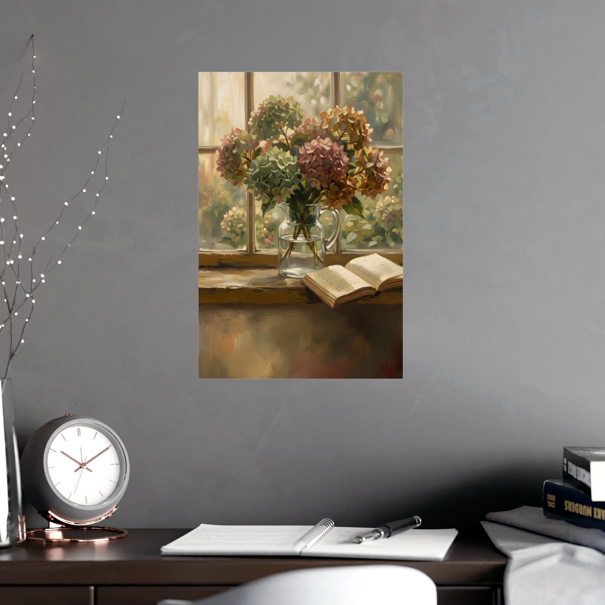 Hydrangeas and a Book framed on a cream wall in a living room, 12x18 in print