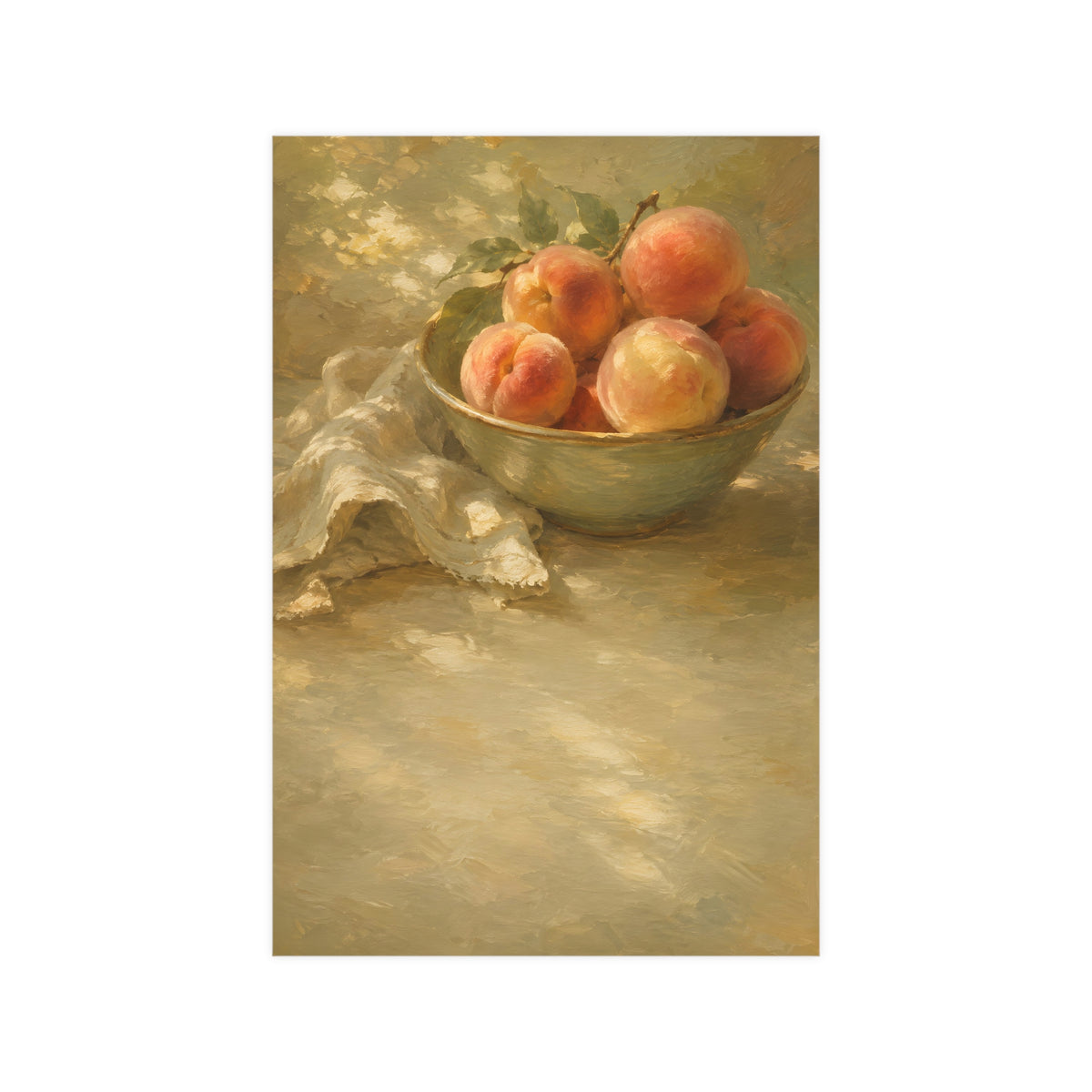Bowl of Peaches — a bowl of ripe peaches and a folded linen napkin on a sunlit table, 12x18 in print