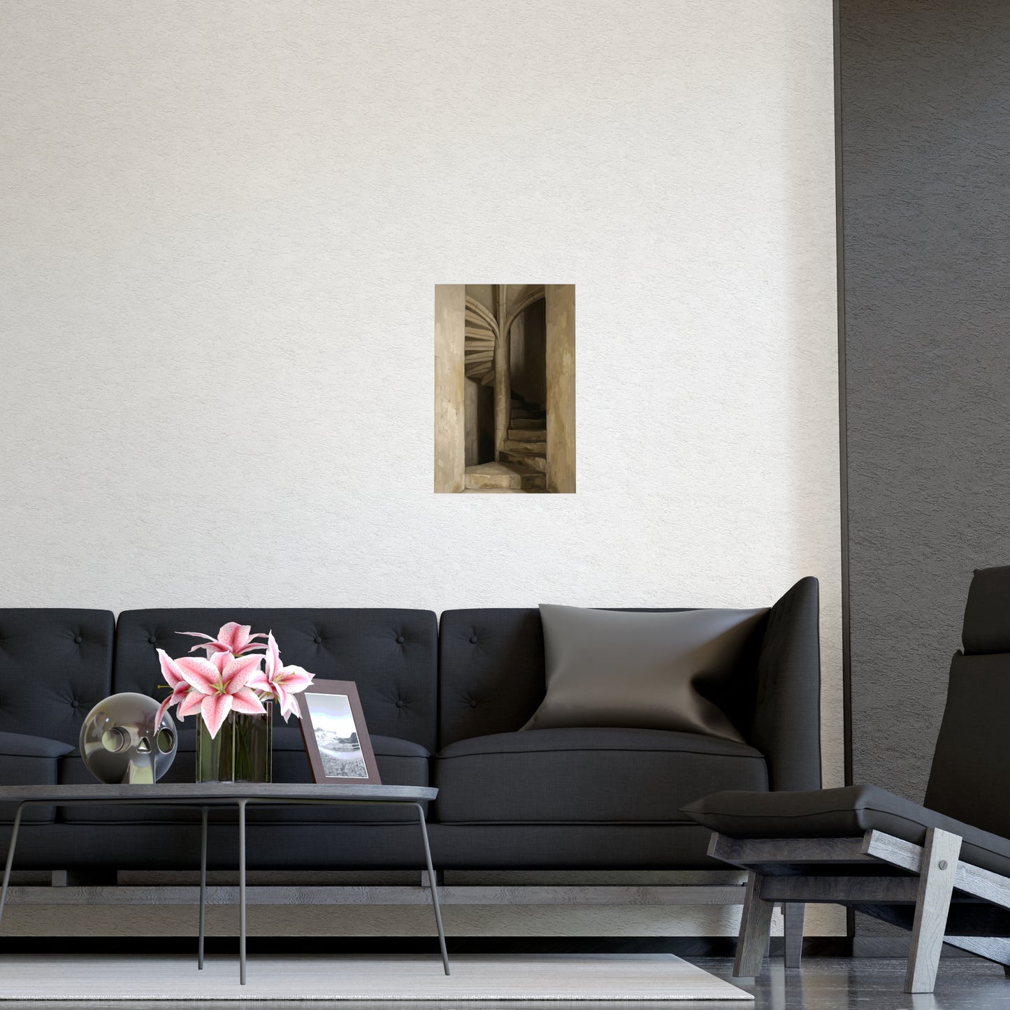 Stone Stair on a living room wall beside a tall vase, 12x16 in print