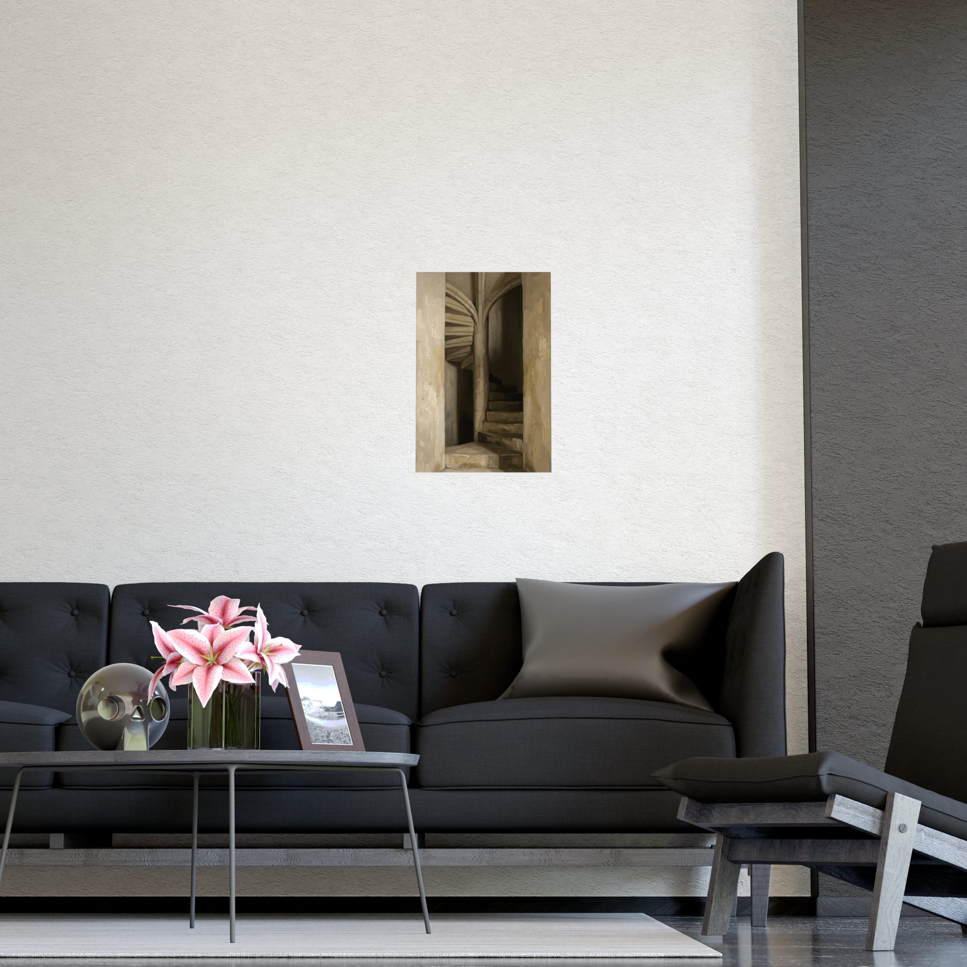 Stone Stair on a living room wall beside a tall vase, 12x16 in print