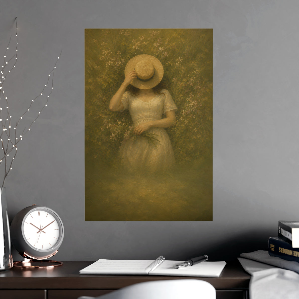 The Straw Hat — a woman lying in long grass seen from directly above, a straw hat laid over her face, shown framed on a wall