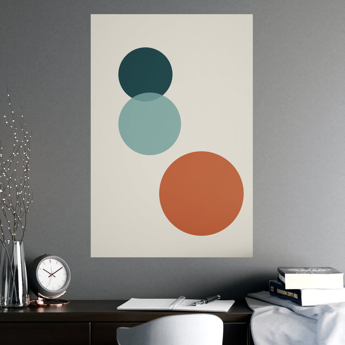 Deep Teal Circles Modern Wall Art — circles in a deep teal palette, shown framed on a wall