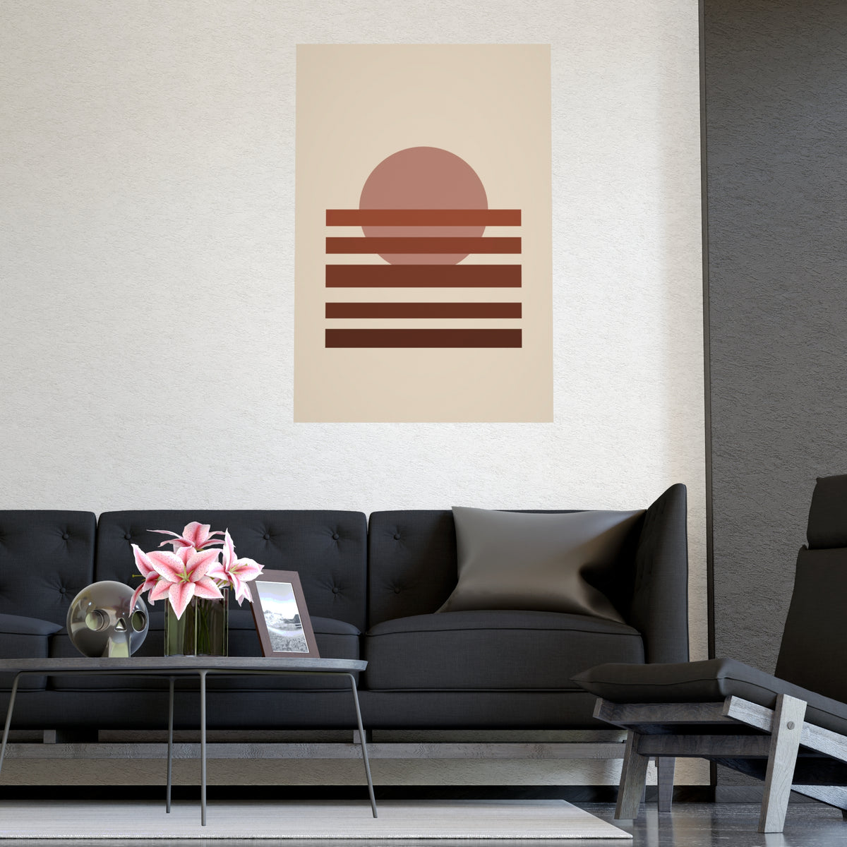 Muted 70s Sunset Landscape Wall Art — sunset landscape in a muted 70s palette, shown framed on a wall