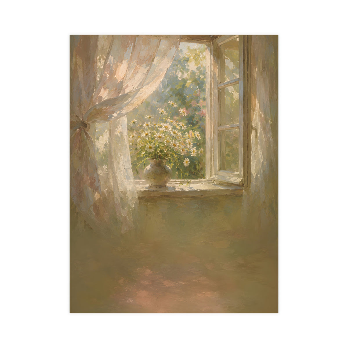 Daisies on the Sill — an open window with sheer curtains lifting in the breeze and a vase of daisies on the sill, 18x24 in pr