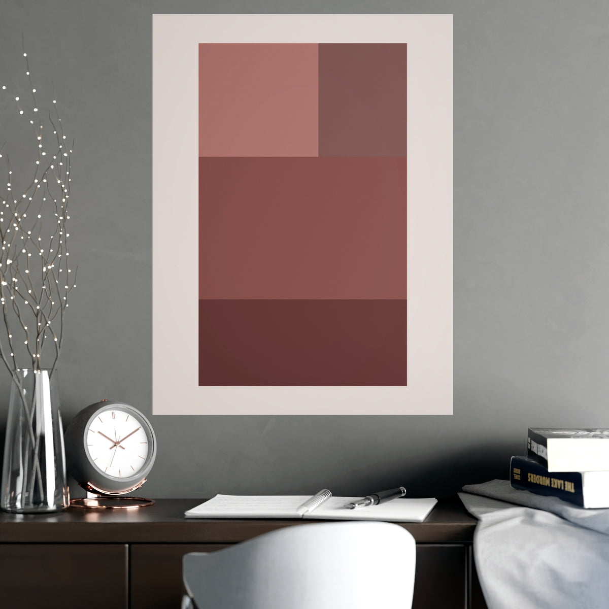 Dusty Rose Blocks Modern Wall Art — blocks in a dusty rose palette, shown framed on a wall
