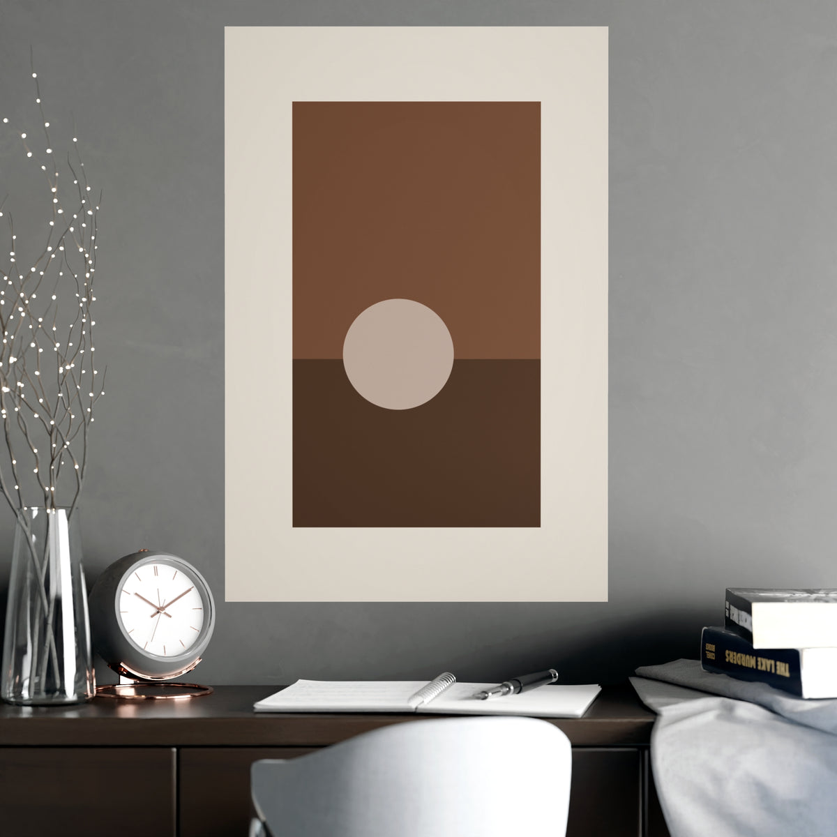 Sand Clay Sun Landscape Wall Art — sun landscape in a sand clay palette, shown framed on a wall