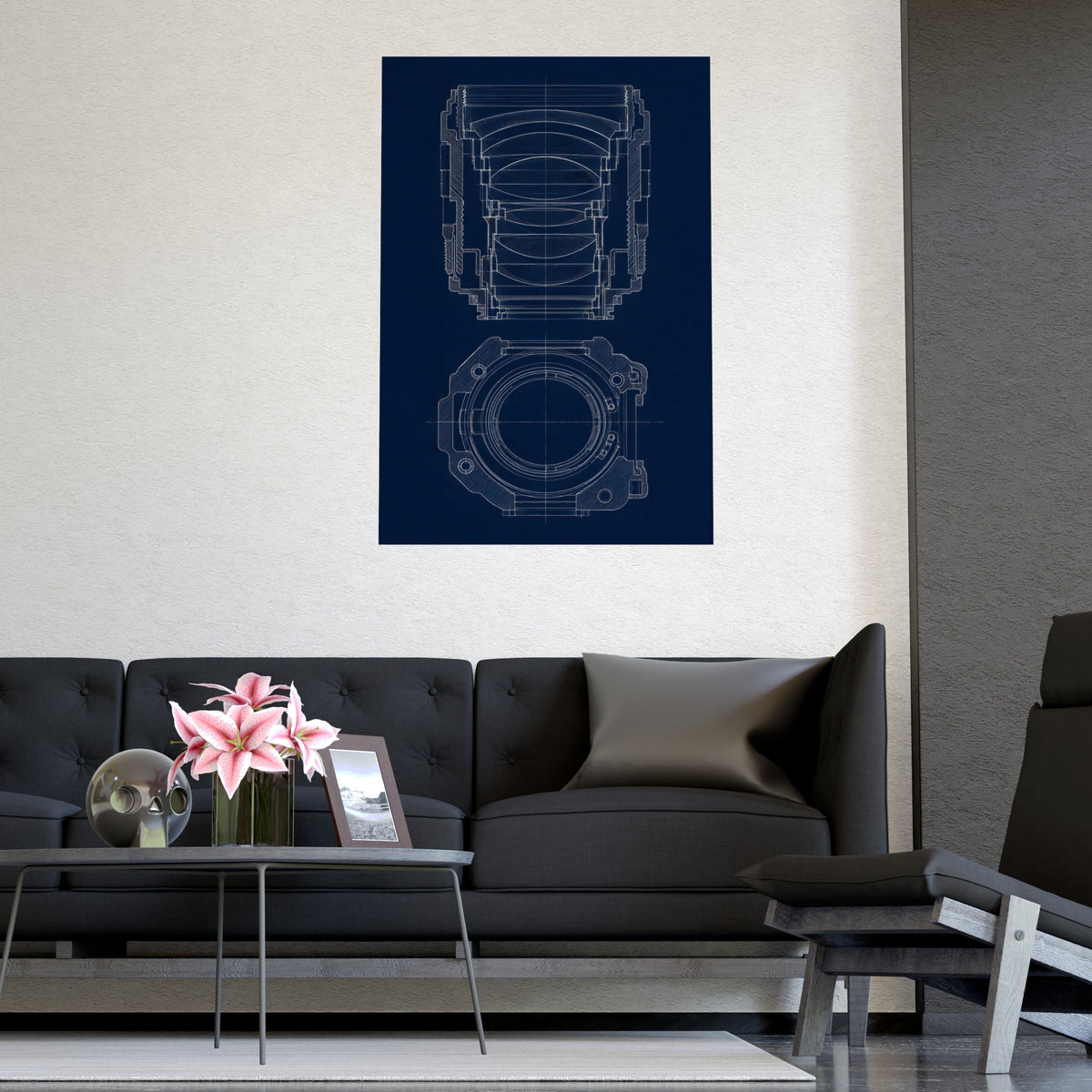 Lens and Mount — lens and mount, shown framed on a wall