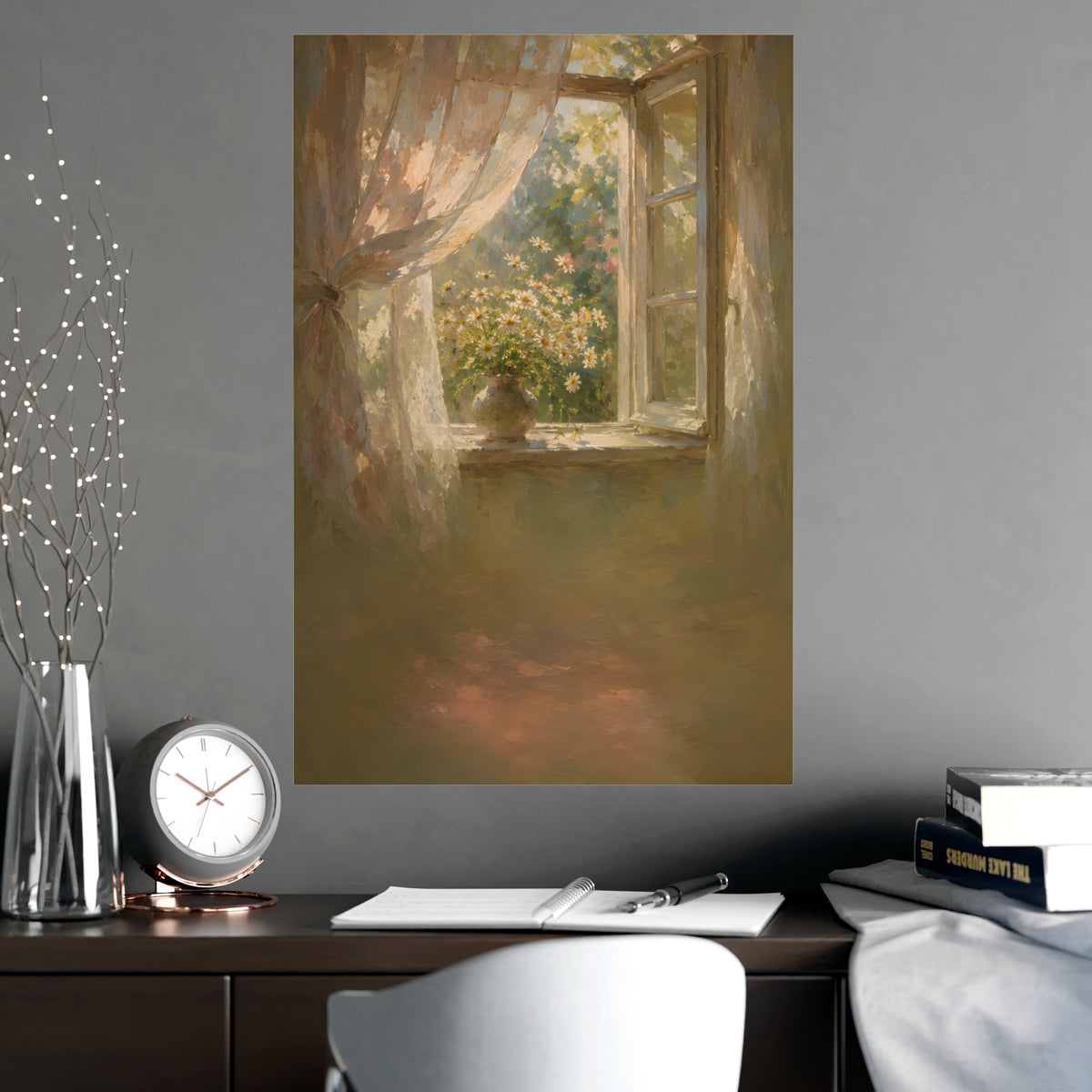 Daisies on the Sill — an open window with sheer curtains lifting in the breeze and a vase of daisies on the sill, shown frame