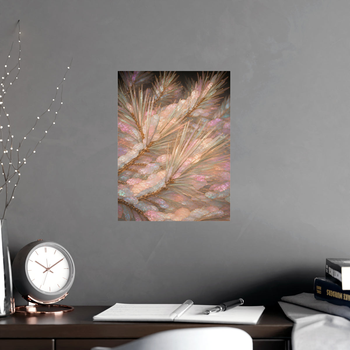 Snow on Pine — snow on pine, shown framed on a wall