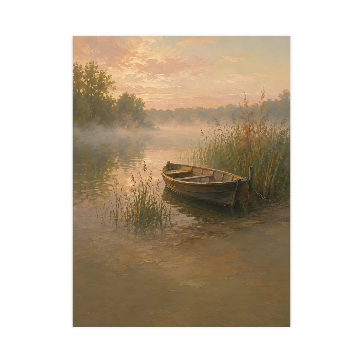 Rowboat at Dawn — a wooden rowboat moored among reeds as mist rises off the water, 18x24 in print