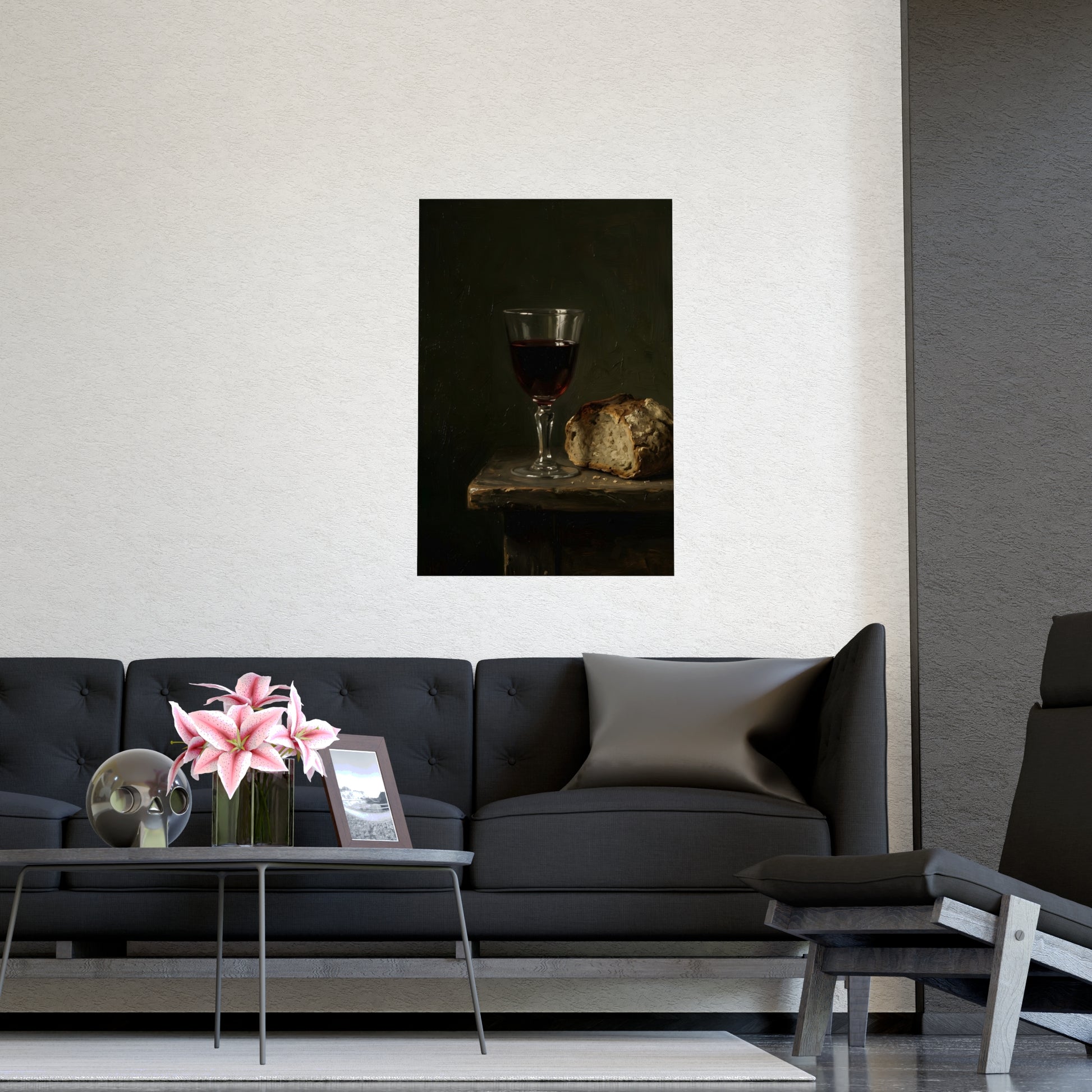 Wine and Bread hung on a grey wall above a dark sofa, 12x18 in print
