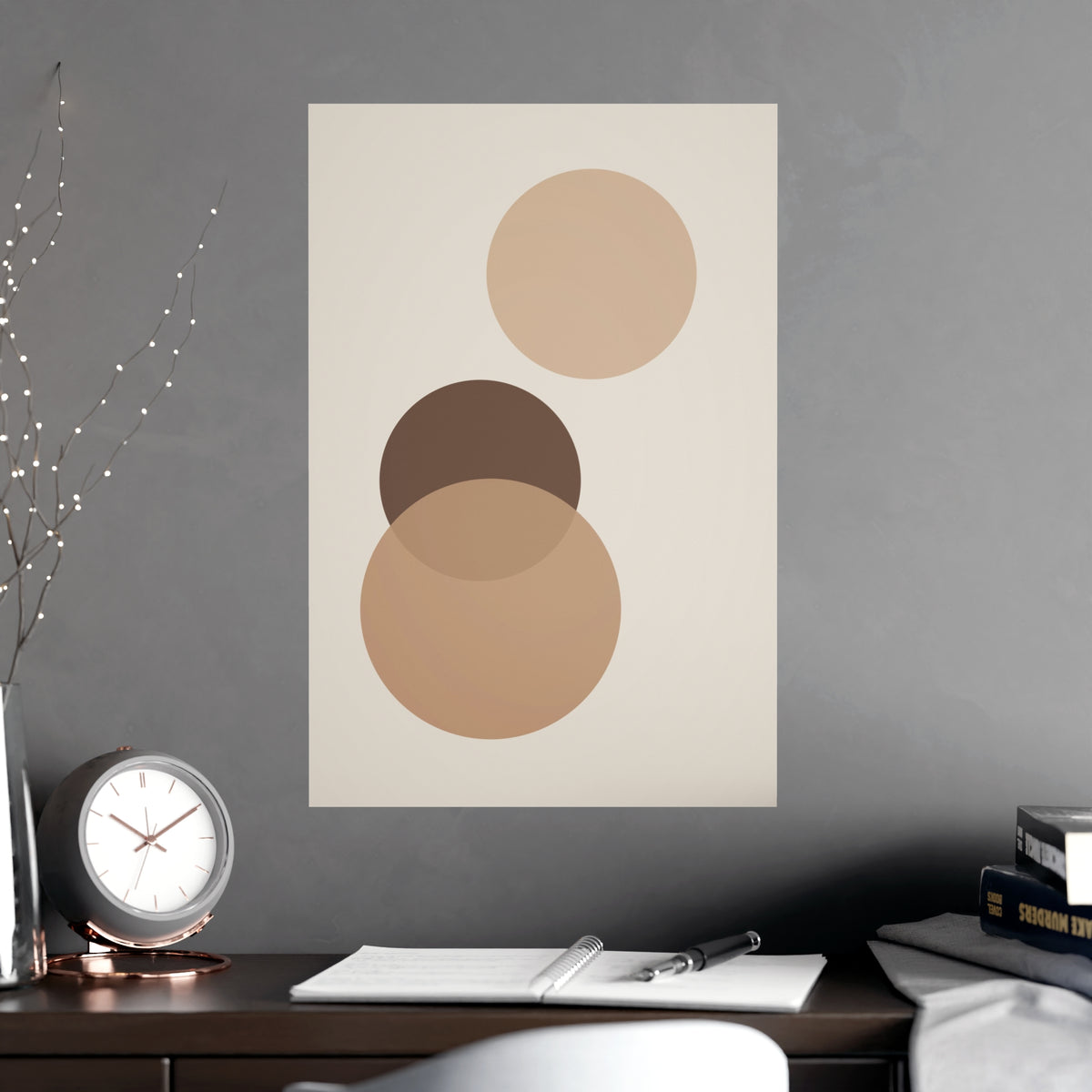 Sand Clay Circles Modern Wall Art — circles in a sand clay palette, shown framed on a wall