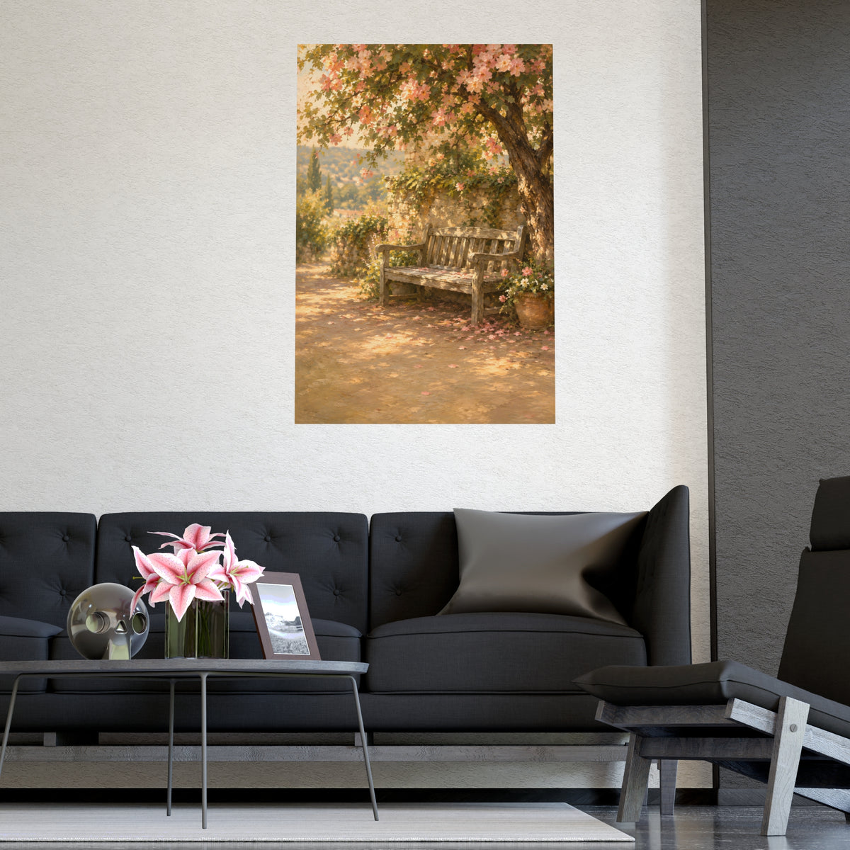 Bench Under Blossom — a weathered wooden bench under a flowering tree in a quiet garden, shown framed on a wall