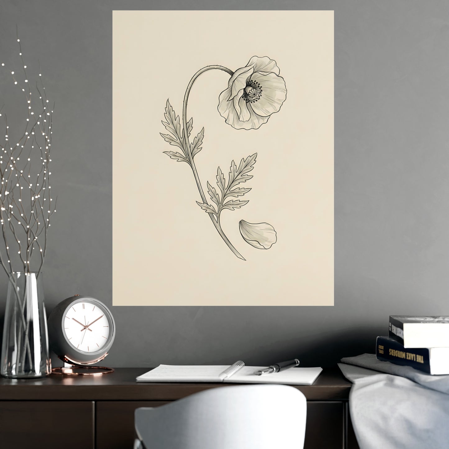 Wild Poppy hung above a desk with a clock and notebook, 18x24 in print