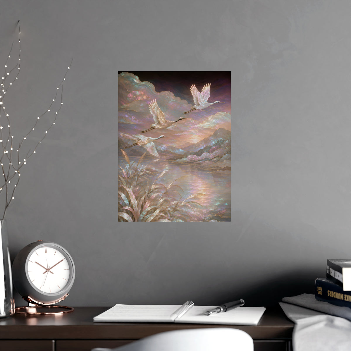Cranes over Water — cranes over water, shown framed on a wall
