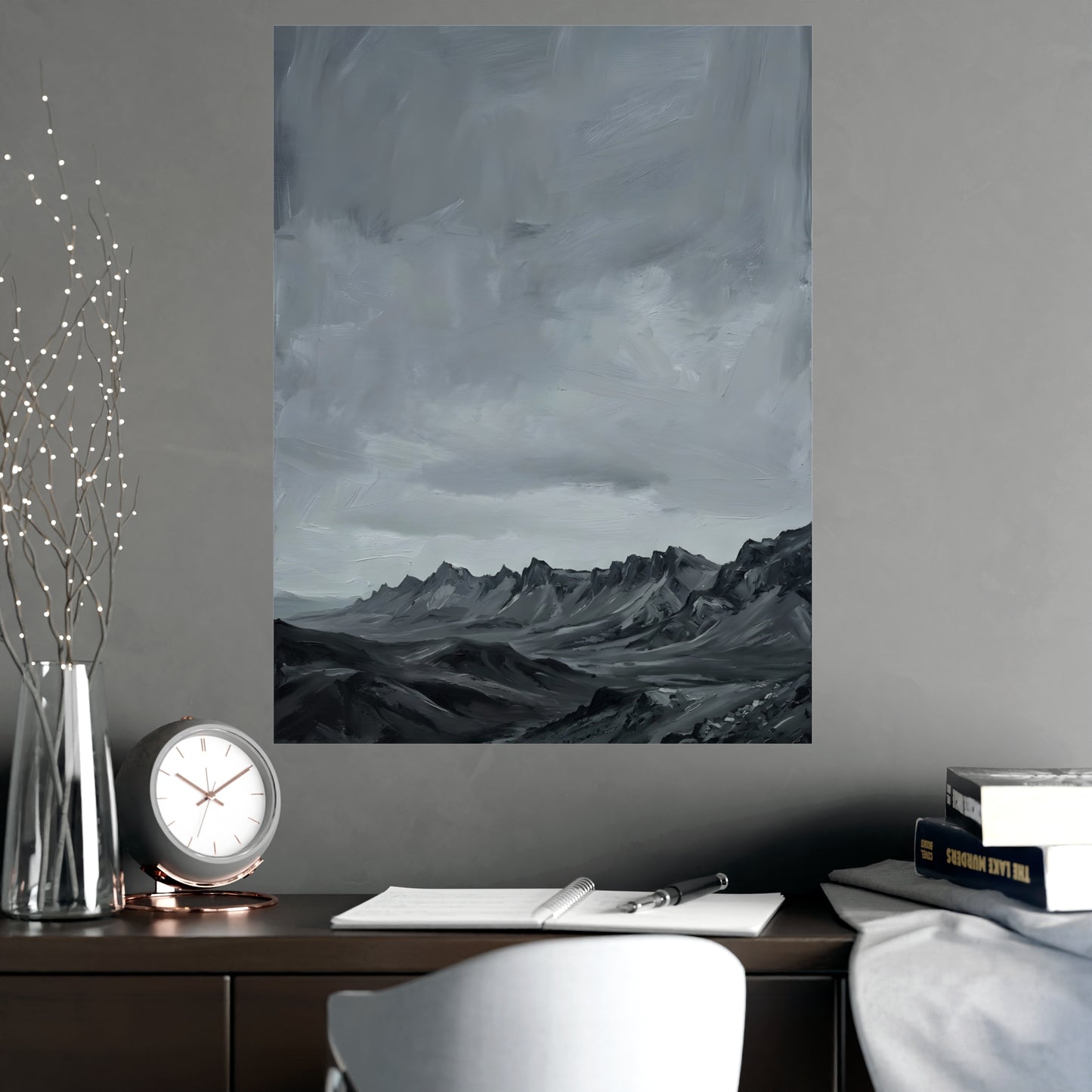 Distant Ridge hung above a desk with a clock and notebook, 18x24 in print