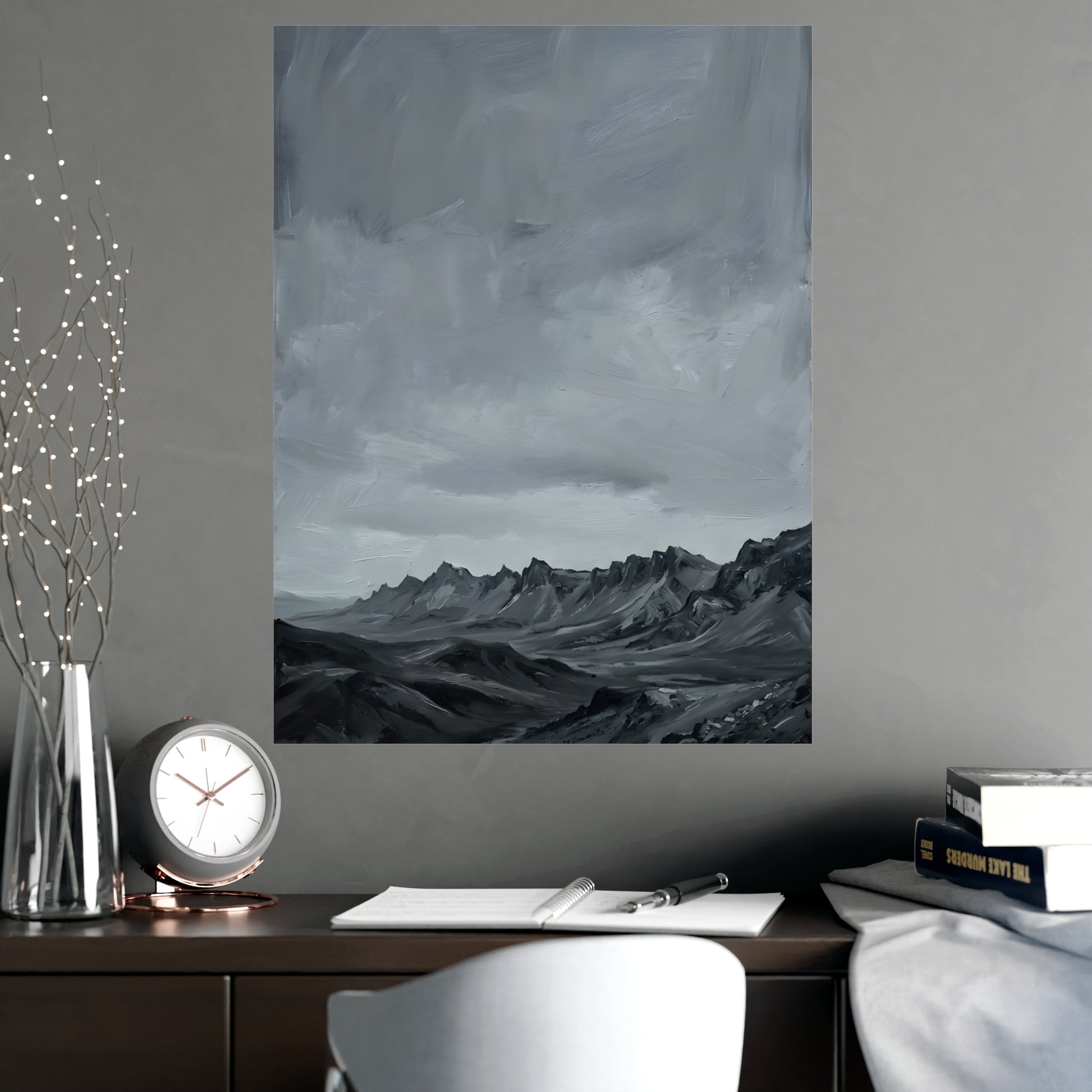 Distant Ridge hung above a desk with a clock and notebook, 18x24 in print