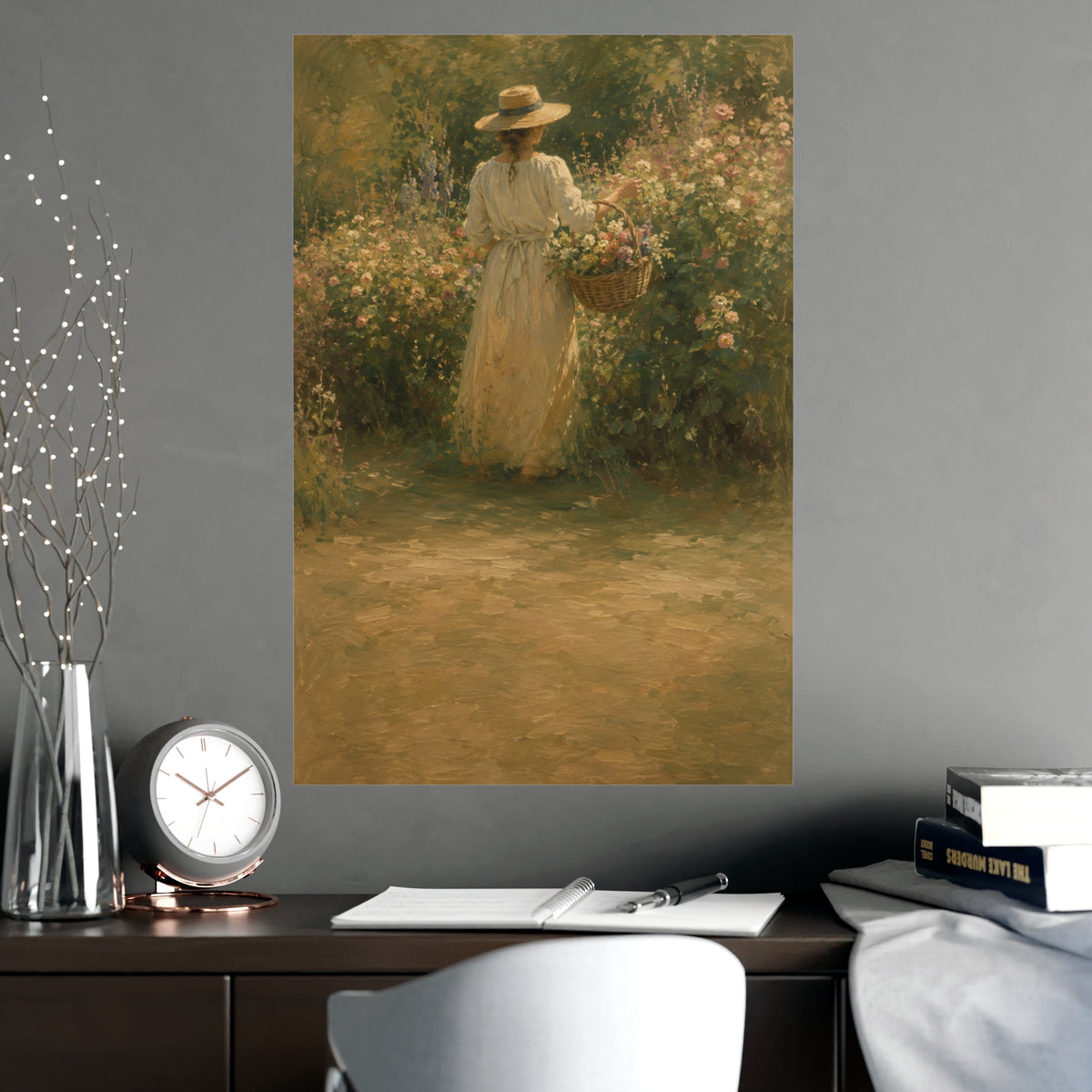 Gathering Flowers — a woman in a straw hat gathering flowers into a wicker basket, shown framed on a wall