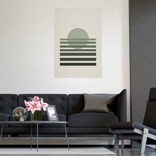 Sage Neutral Sunset Boho Wall Art framed on a cream wall in a living room, 20x30 in print