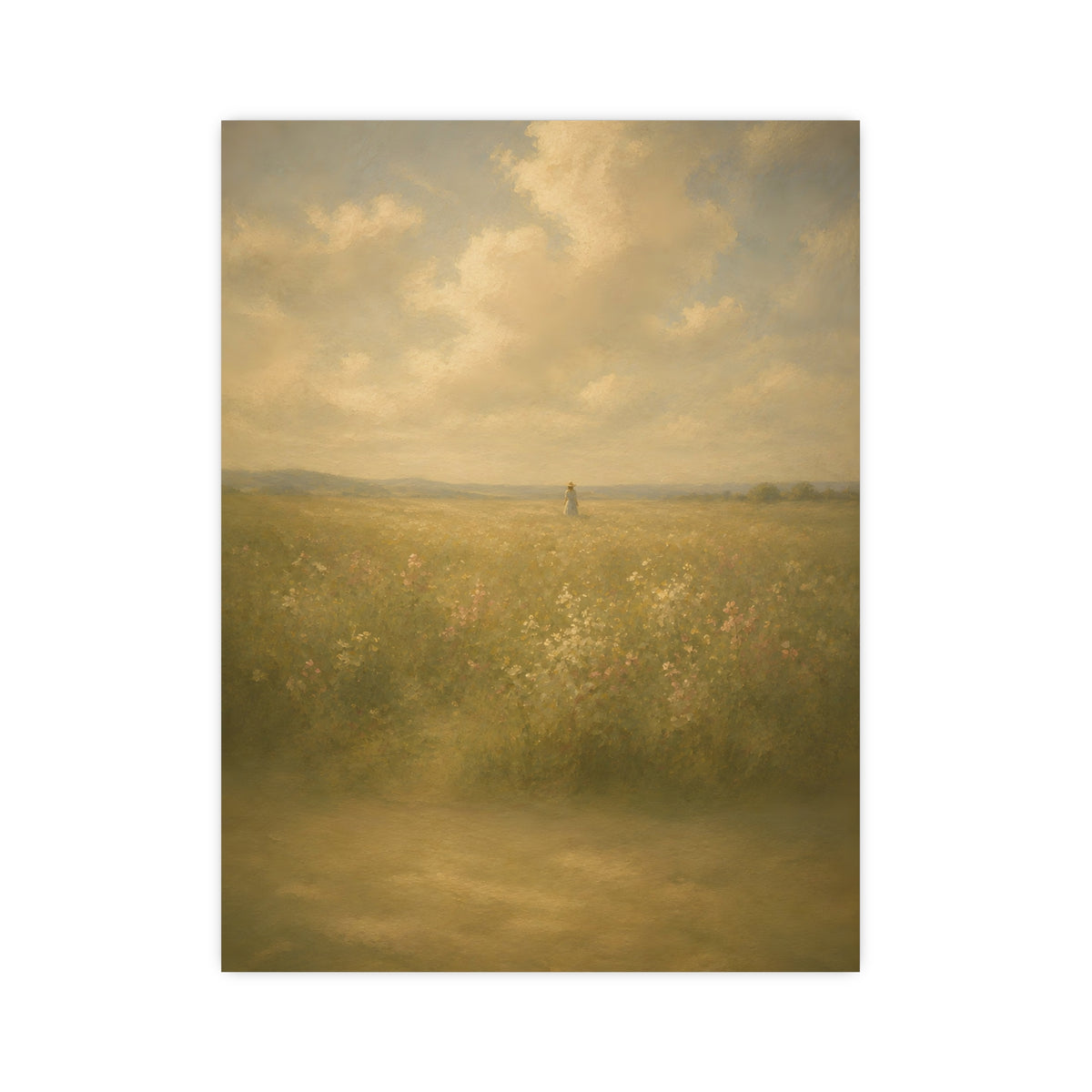 Small in the Field — a single figure very small and far off in a wide wildflower field under a wide summer sky, 12x16 in prin