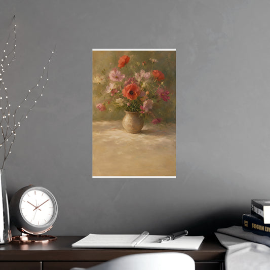 Poppy and Cosmos Bouquet — a loose bouquet of poppies and cosmos in an earthenware vase, shown framed on a wall