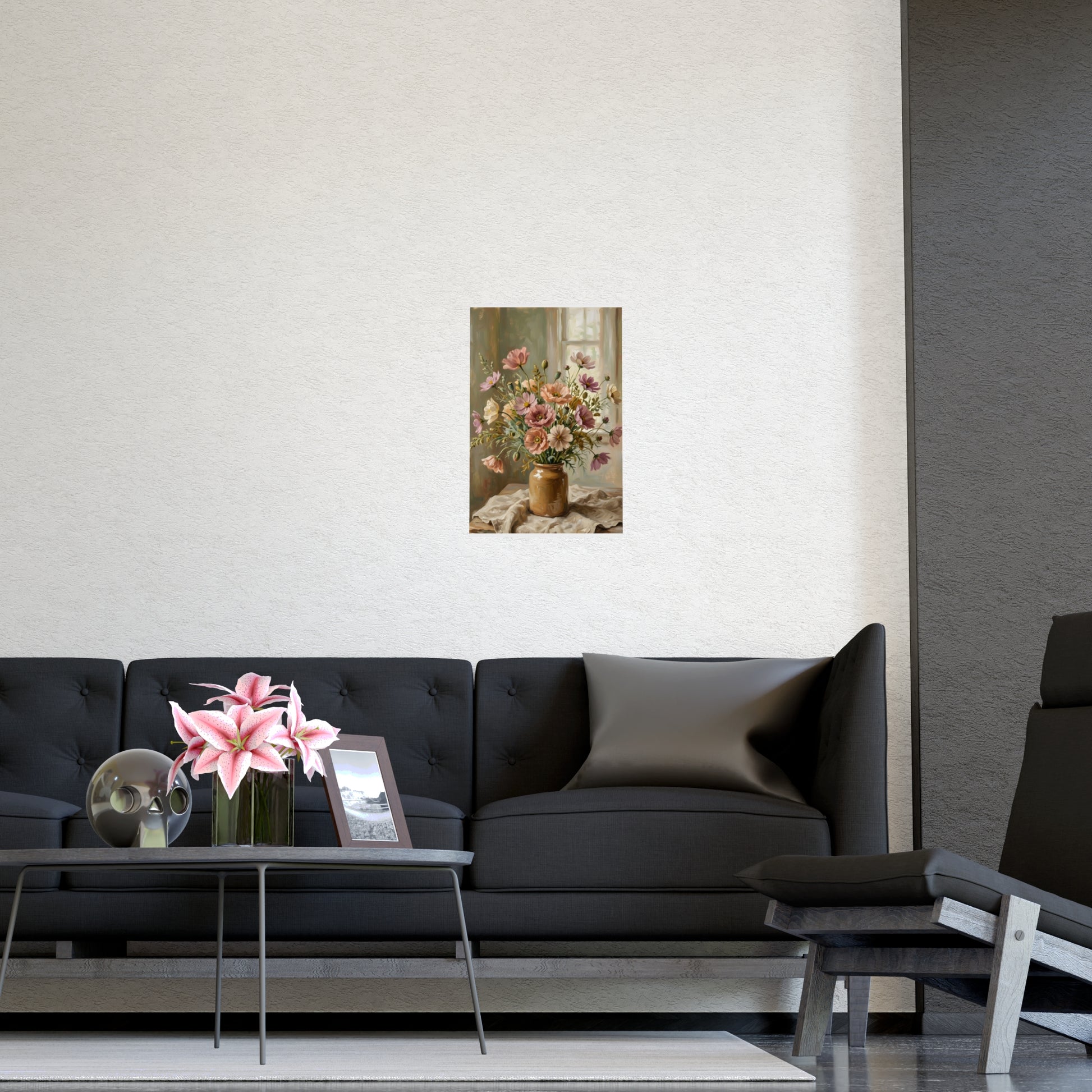 Gemini 02 hung on a grey wall above a dark sofa, 12x16 in print